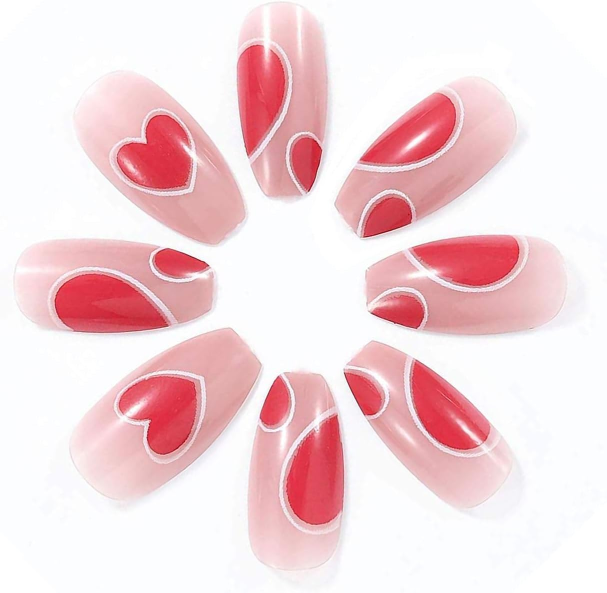 Love Heart Press on Nails,24Pcs Rose Red Full Cover Long Coffin Fake Nails Love Style Design Nails for Women and Girls image number 5