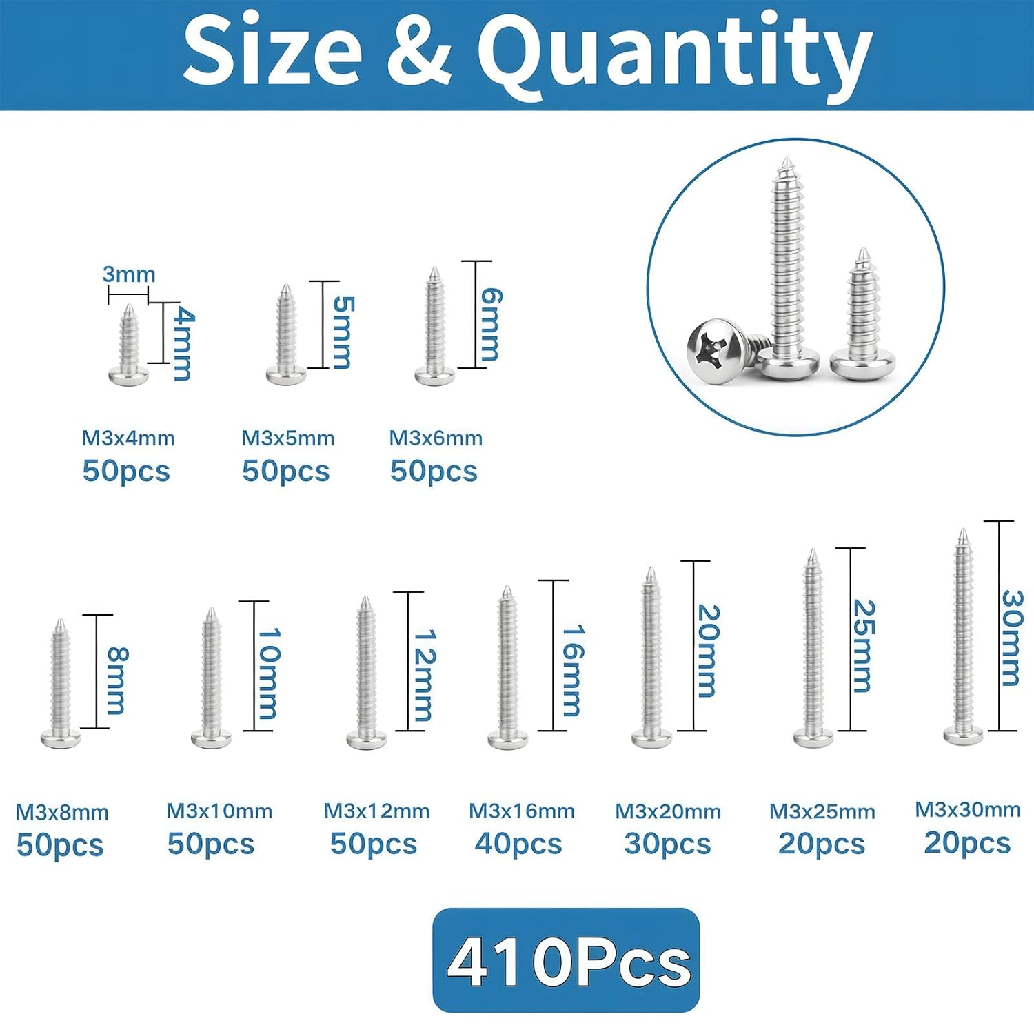 M3 Pan Head Self-Tapping Wood Screws,410Pcs Silver Wood Screw,Round Head Self Tapper Metal Fasteners,Mini 304 Stainless Steel Electronic Screws Coarse Threaded Sharp Point Fastener