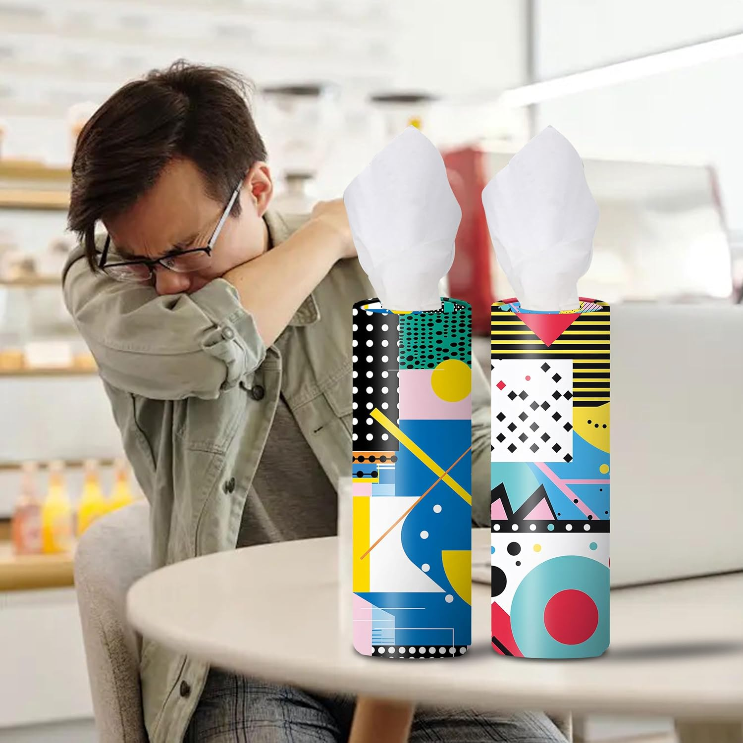 4-Pack Car Tissue Cylinders - 1980S Geometric Pattern, Fits Car Cup Holders, Travel Tissue Tubes with Facial Tissues (Geometric Design) - Style E image number 2