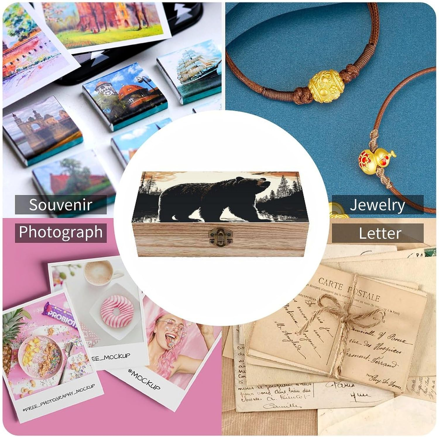 Bear Silhouette Wooden Box Wood Wedding Keepsake Boxes with Lids Small Decorative Boxes Lightweight Wooden Memory Storage Box for Crafts Keepsakes Jewelry Photo Letter Storage image number 4