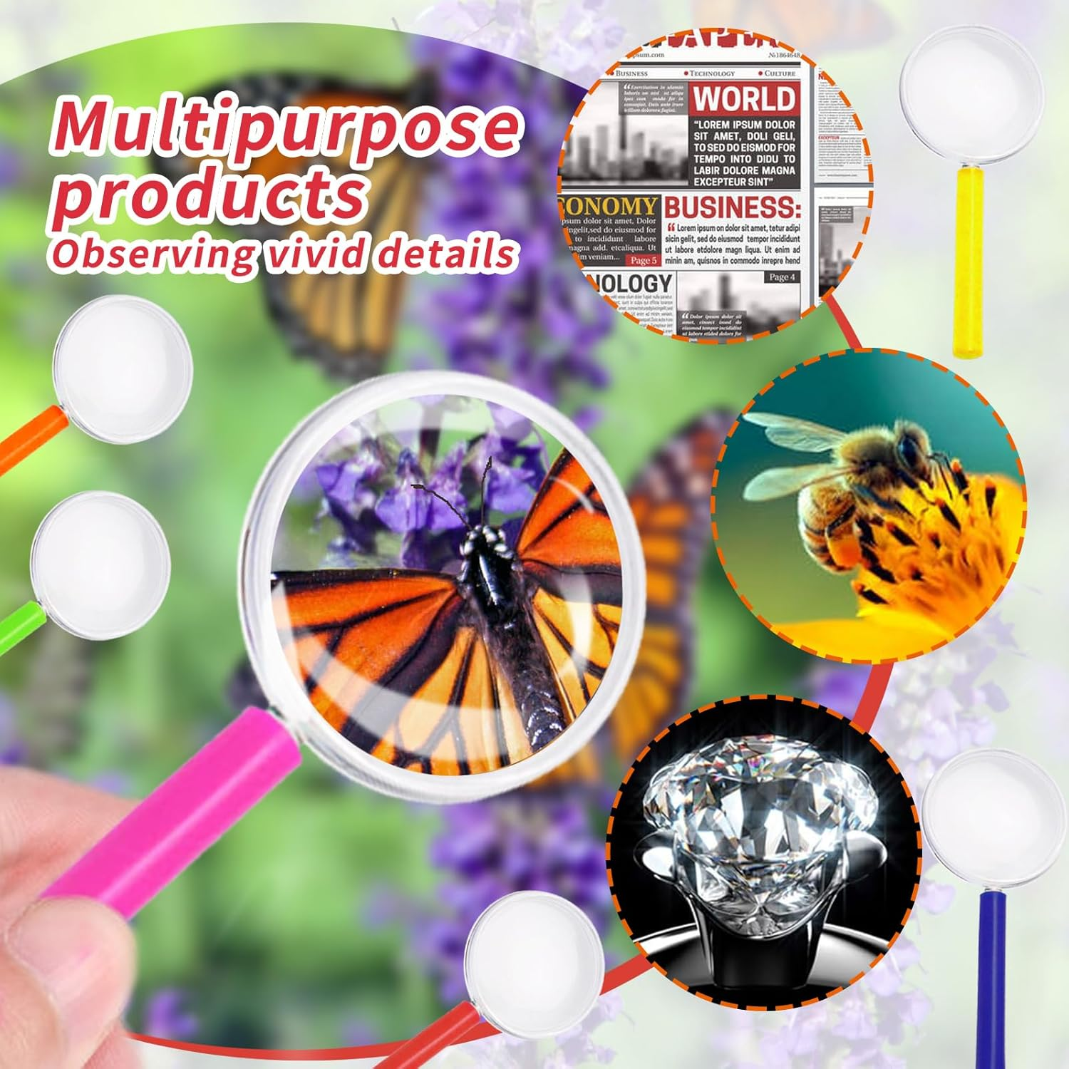 24 Handheld Magnifiers, 40Mm 3-5X Plastic Reading Magnifiers for Students, Outdoor Explorers, Scientific Observation, Etc. (Color)