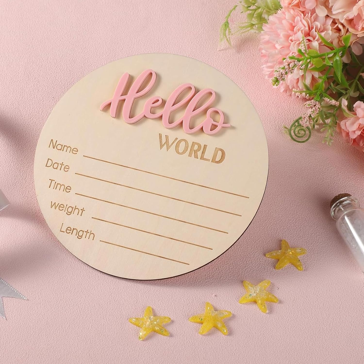 RIKONDA Wooden Baby Birth Announcement Sign, 15Cm Hello World Plaque for Newborn Photo Props, Nursery Wall Decor(Light Pink) image number 2