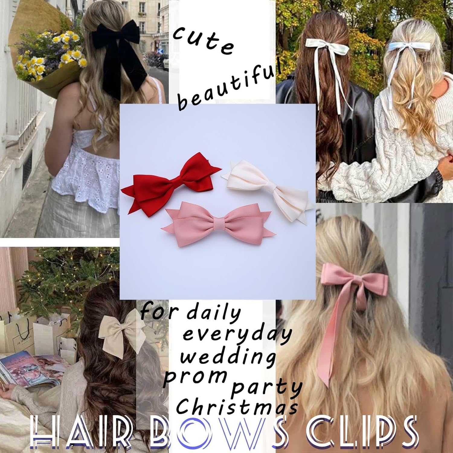 White Hair Bows for Women Bow Hair Clips Silky Satin Bow Clips Cute Hair Bow Clips French Hair Band Bow Wedding Bow Hair Bow Barrette Bowknot Hair Accessories Pink Red