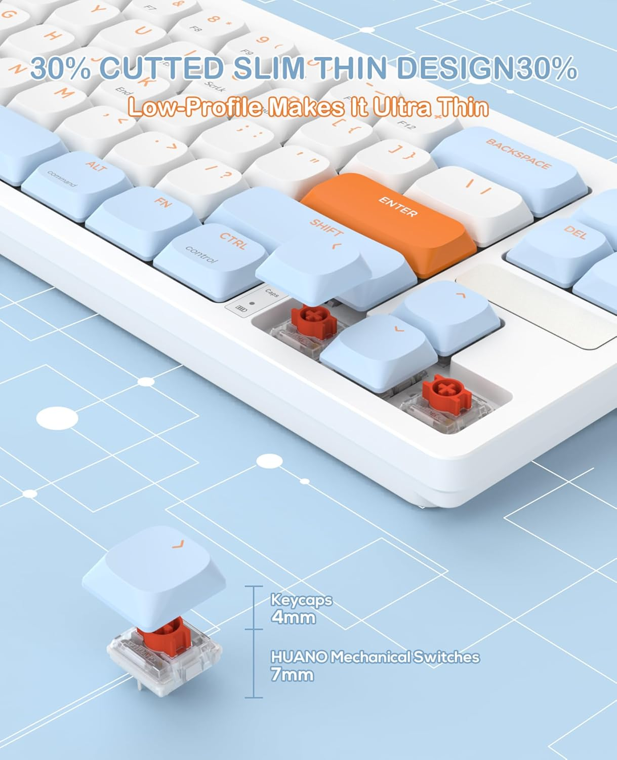 MAGIC-REFINER RKL680 Ultra-Thin Wireless Mechanical Keyboard, 60% Percent Gaming Keyboard, Apex Pro Mini 2.4Ghz/Bluetooth 5.0 Dual Mode, 68 Keys Low-Profile Linear Red Switch for Win/Mac/Tablet - White (Red Switches) image number 5