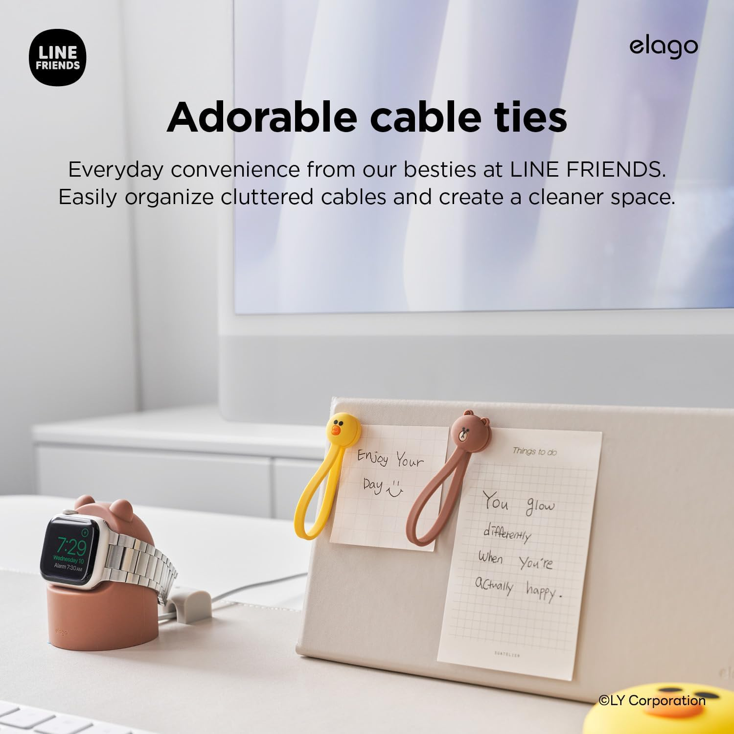 Elago | LINE Friends Magnetic Cable Ties, Premium Silicone Cord Organizer, Reusable Magnetic Cable Organizer [Official Merchandise] (Sally) - Brown image number 7