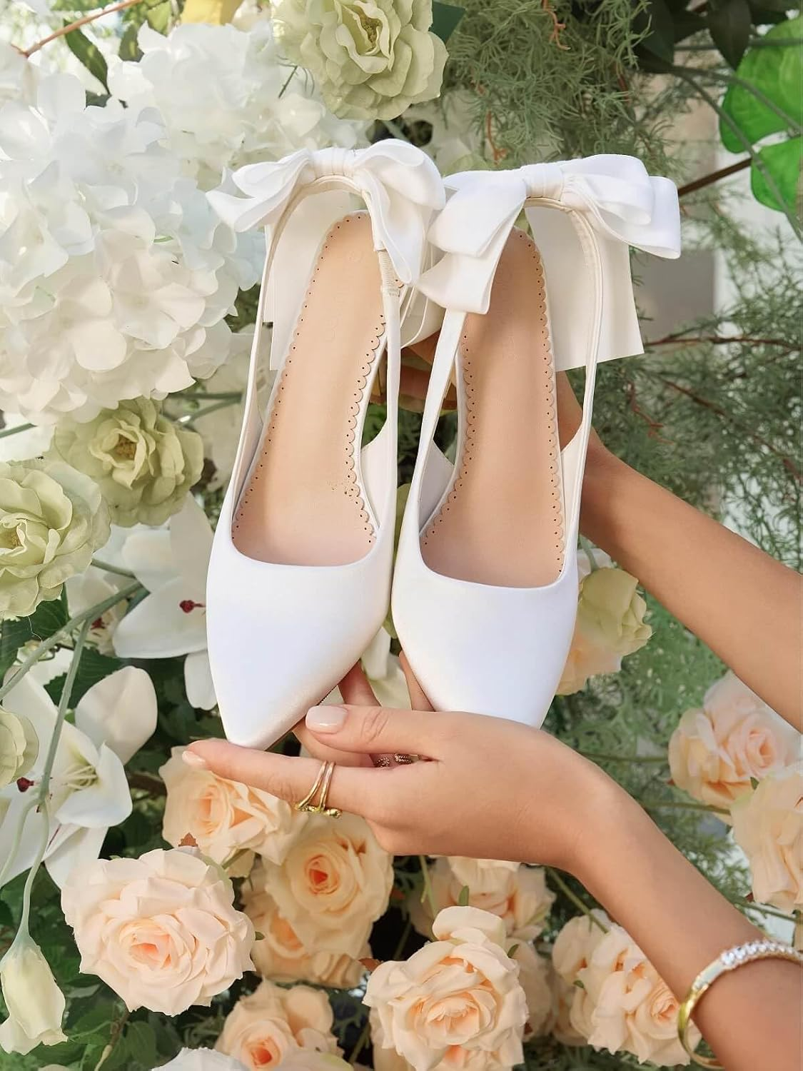Coutgo Womens Slingback High Heels with Bow Closed Pointed Toe Wedding Bride Dress Shoes Satin Pumps image number 4