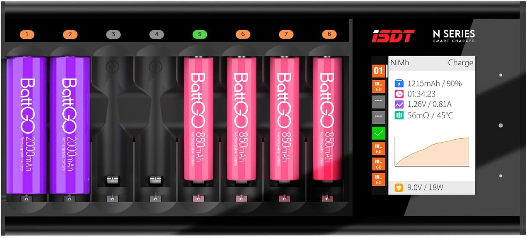 ISDT N8 Universal Battery Charger, LCD Digital Charger, 8-Slot Speedy Smart Battery Quick Charger for Rechargeable Batteries AA AAA Li-Lon Lihv NI-MH Ni-Cd Lifepo4 Discharge Protection Function image number 4