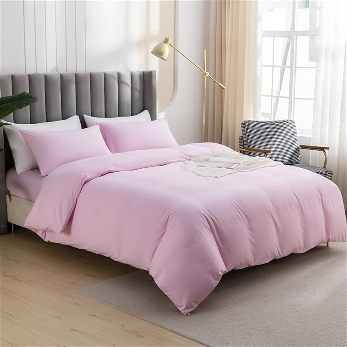 Solid Color Duvet Cover Set, 3 Pcs Doona Cover Set Microfiber Bedding Set for Teens Kids Adult, Lightweight Durable Reversible (Pink, Quilt Cover Set - Double) image number 5