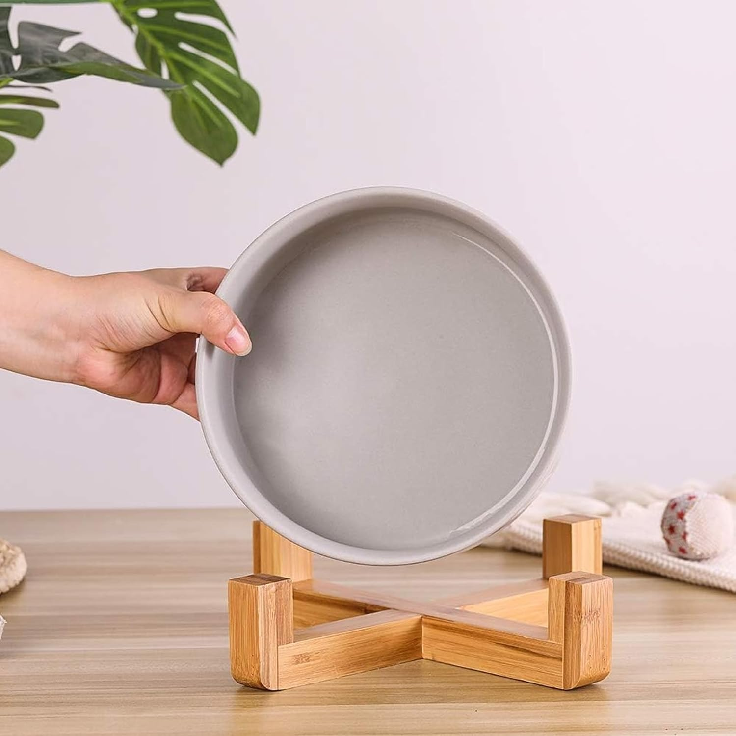 Ceramic Dog Bowls with Non Slip Wood Stand, PRENDIEEN Dog Water Bowls and Food Dish, Heavy No Tip over Dog Comfort Food Bowls, Extra High Capacity 8.4In(21Cm) Diameter, for Large Dogs (Grey) image number 3