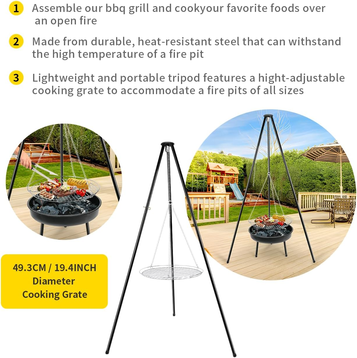 Gzcmxh Campfire Tripod Grill: Campfire Cooking with Adjustable Height Hook - Durable Stainless Steel Grill for Outdoor Picnic,Camping (Black)