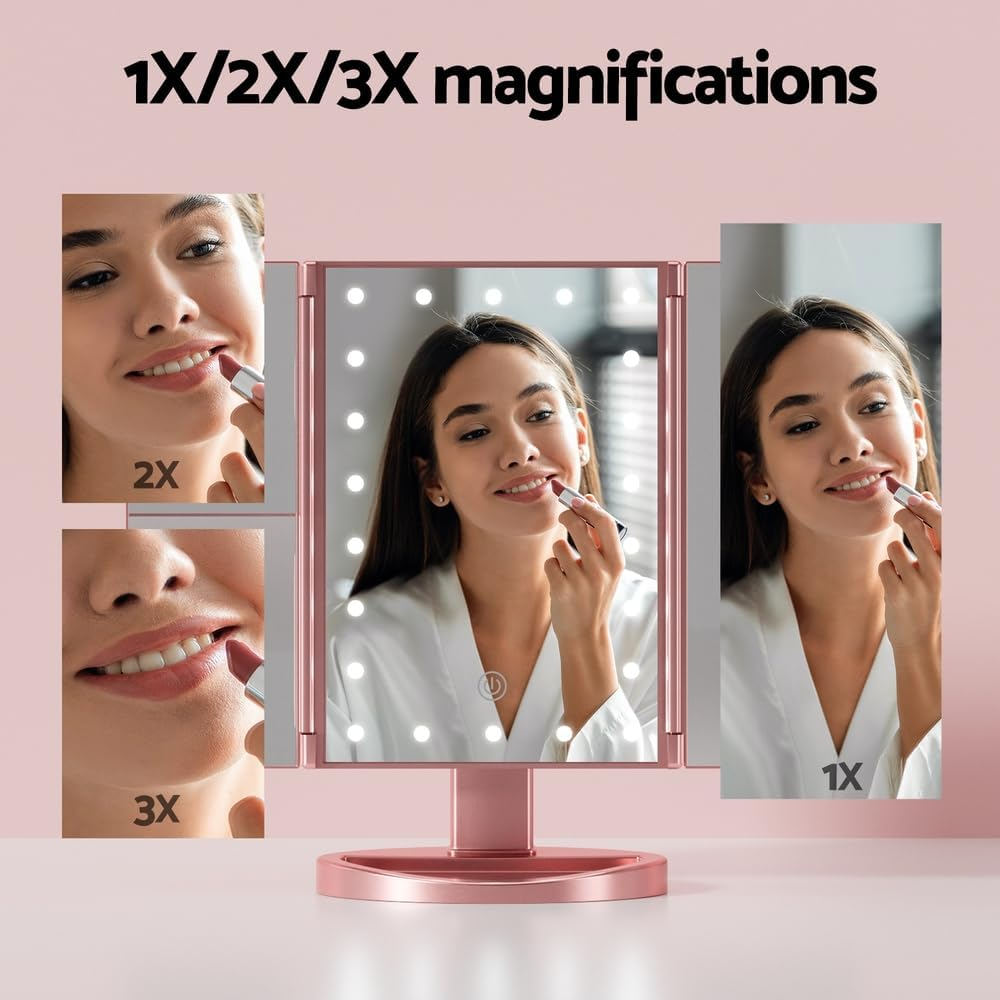 Embellir Tri-Fold Makeup Mirror 1X2X3X Magnifying Led Light Travel Portable Pink image number 6