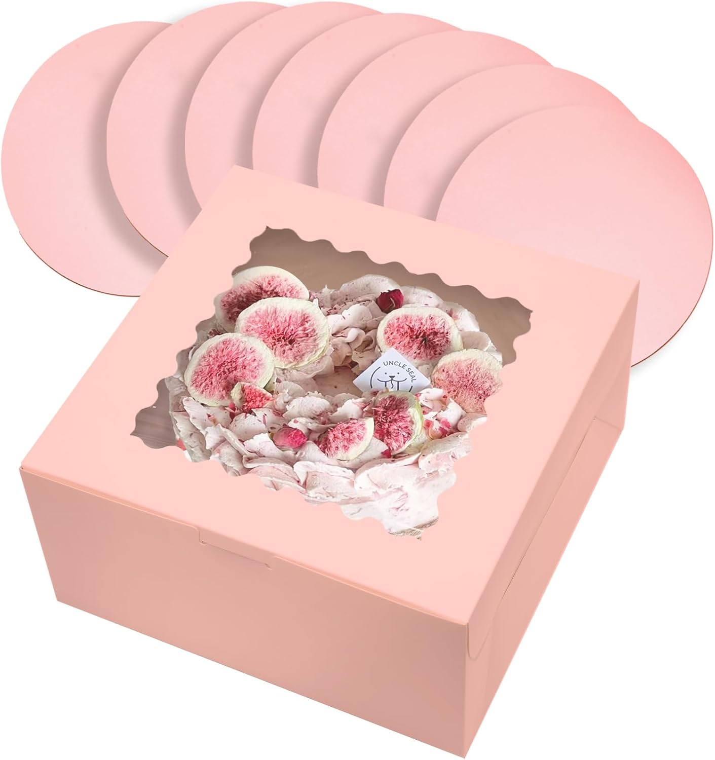 Qiqee 10X10X5 Inch Cake Box, 5 Sets Pink Cake round Boards ＆ 5 Sets 10 Inch Pink Cake Box with Window, Cake Containers(25.4X25.4X13Cm) image number 6