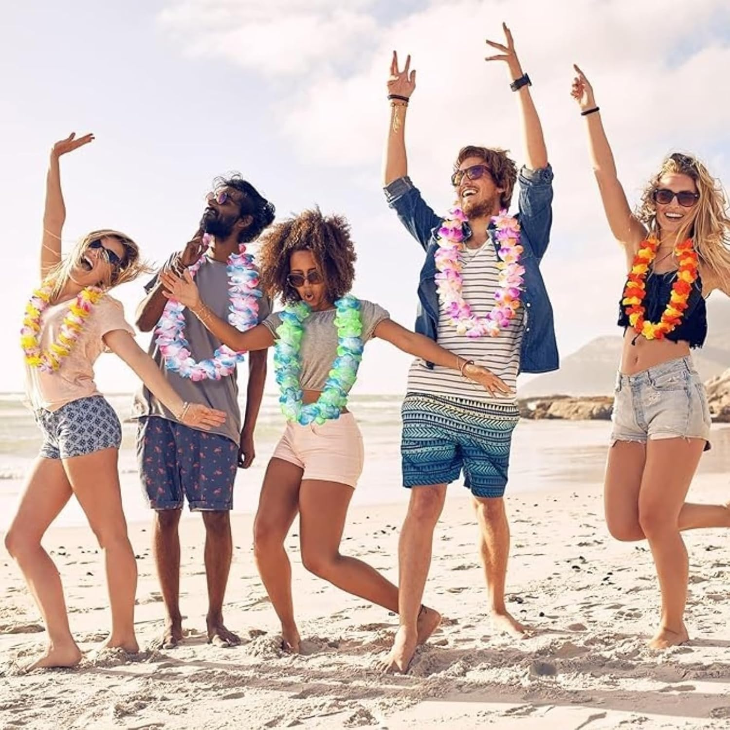 Abeillo 6 Counts Hawaiian Leis Bulk,Size Suitable for All Ages，For Adults Beach Party Favors for Adults,Summer Beach Vacation,Theme Party Decorations, Multi-Colour image number 1