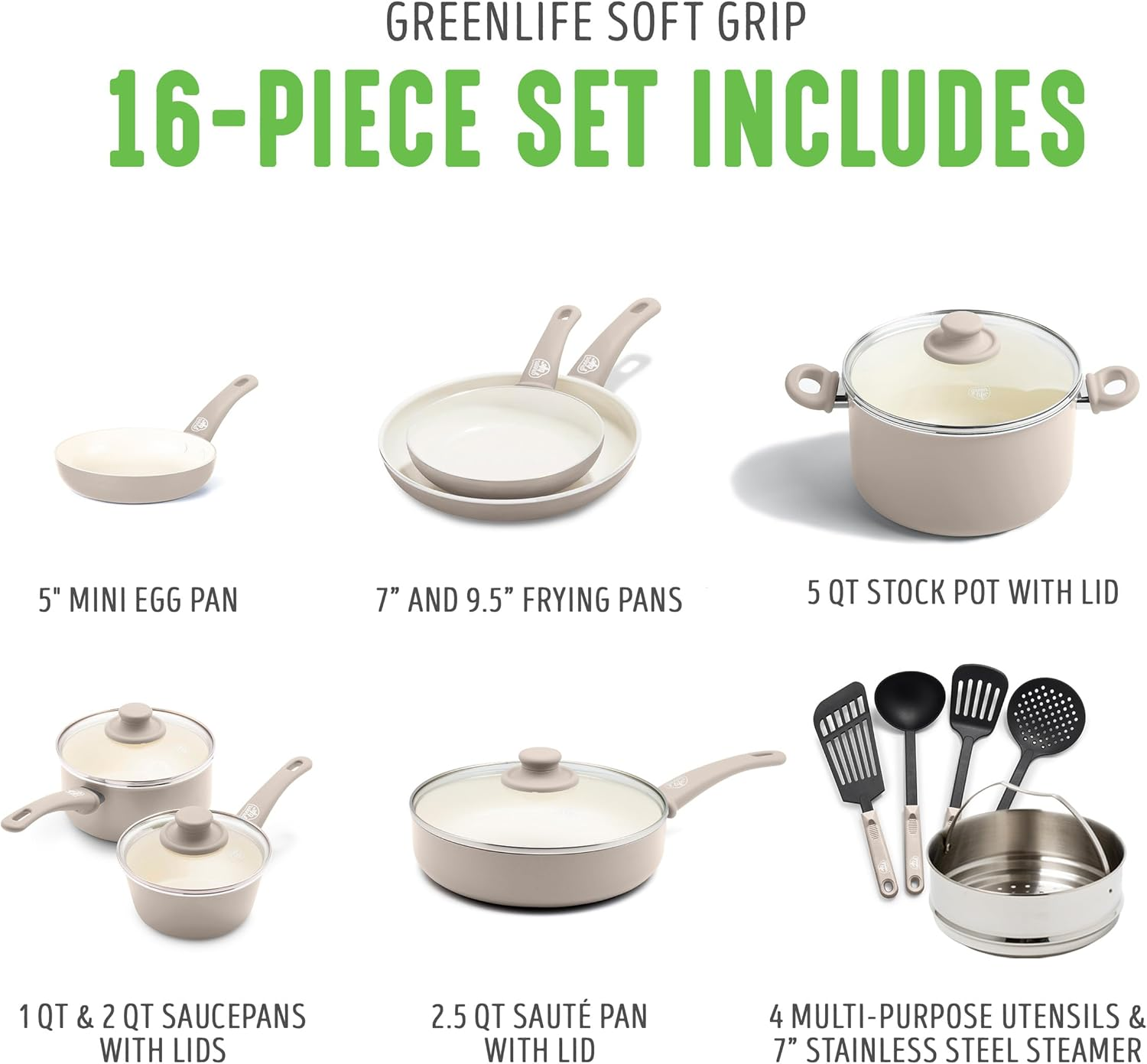 Greenlife Soft Grip Healthy Ceramic Nonstick 16 Piece Kitchen Cookware Pots and Frying Sauce Pans Set, Pfas-Free, Dishwasher Safe, Taupe image number 6