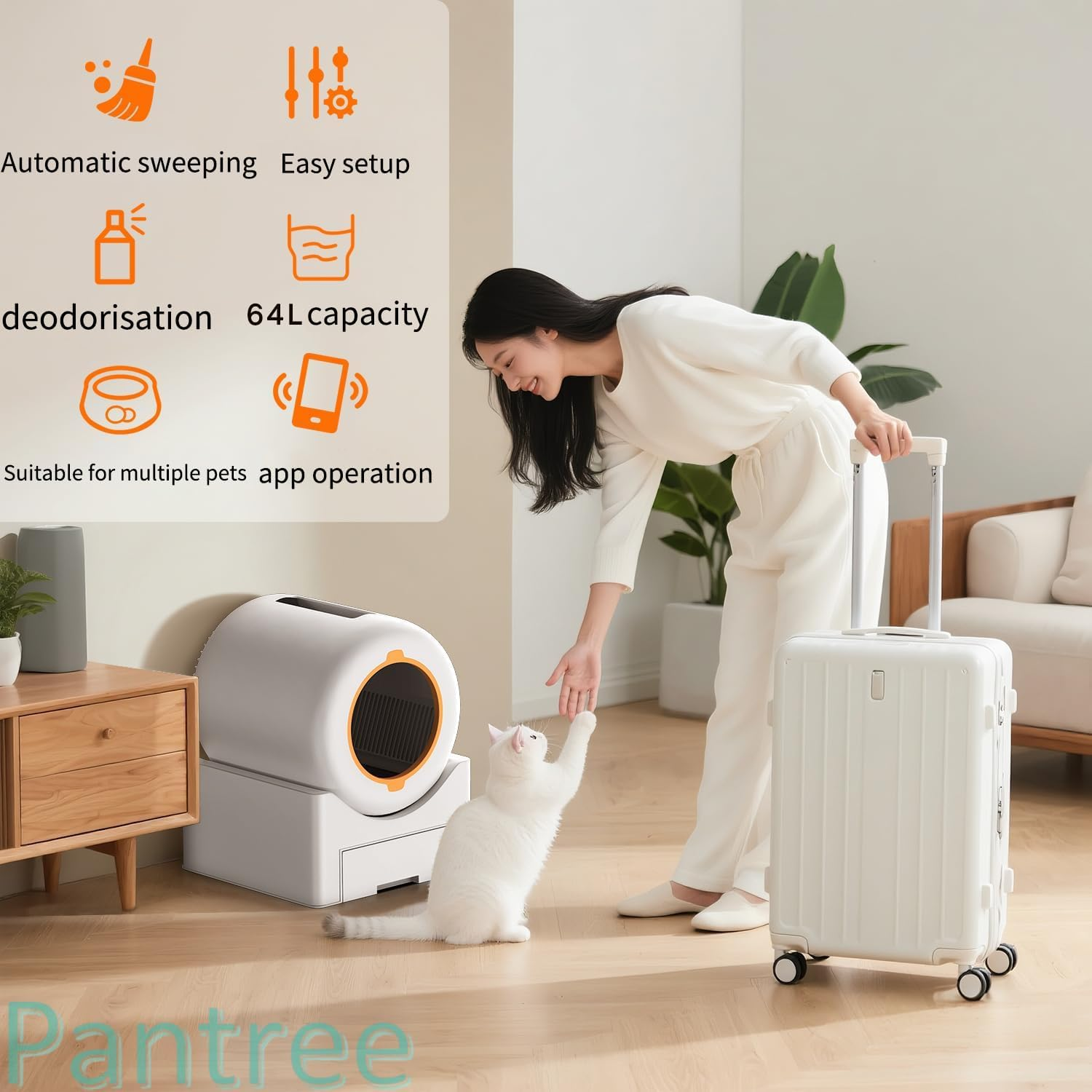 PANTREE Self Cleaning Cat Litter Box, 65L Large Automatic Smart Litter Box for Multiple Cats, App Control & Safety Sensors, Odor-Free Electric Kitty Toilet with Mat & Waste Liners (White)