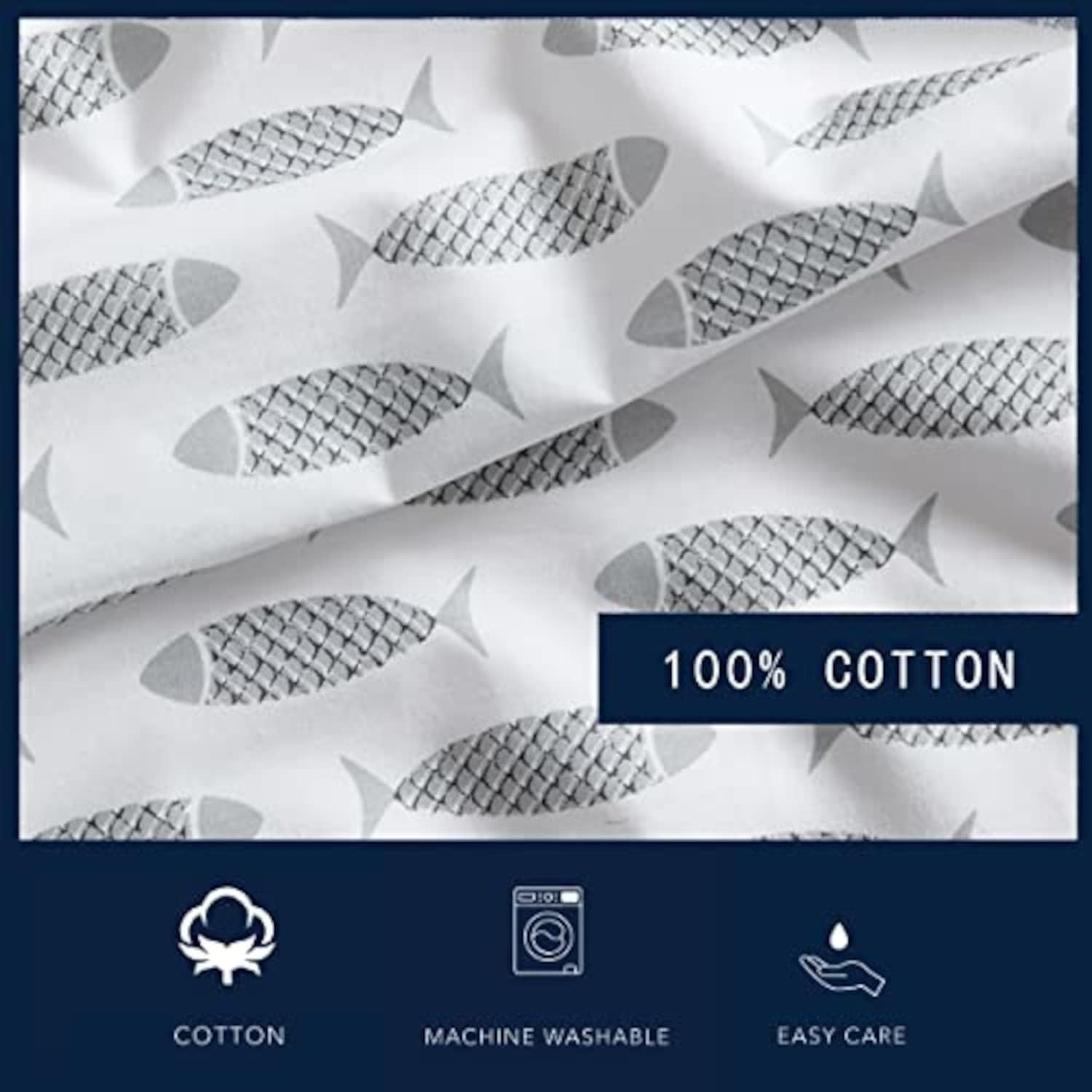 Nautica- Queen Sheet Set, Cotton Percale Bedding Set, Crisp & Cool, Lightweight & Breathable (Woodblock Fish Grey, Queen) image number 3