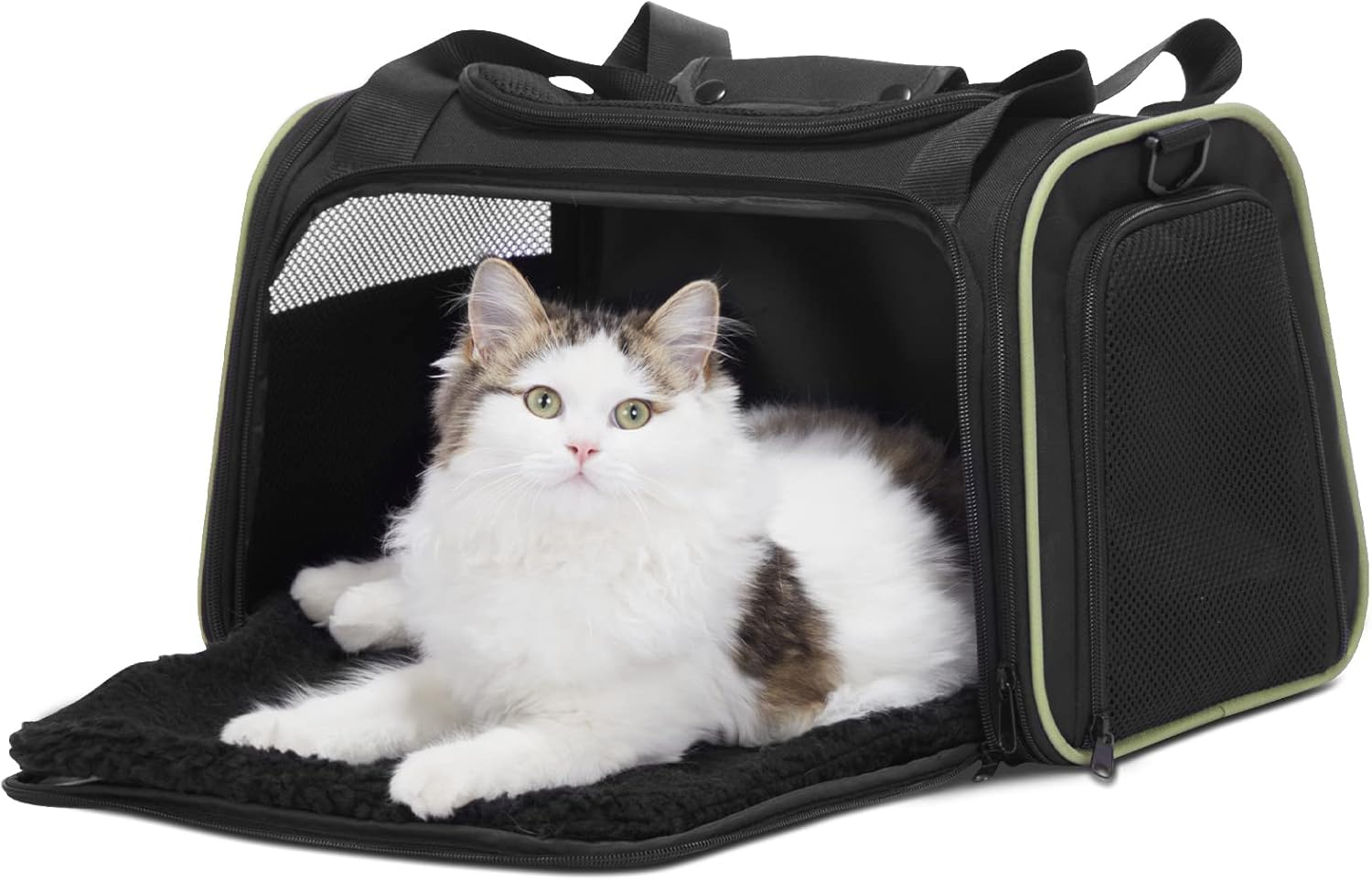 PETSFIT Soft Cat Carrier with Extendable Fleece Pet Mat, Kitty Carrier Airline Approved with Safety Leash for Pets up to 12 Lbs (44 * 26.5 * 27CM, Black) image number 1