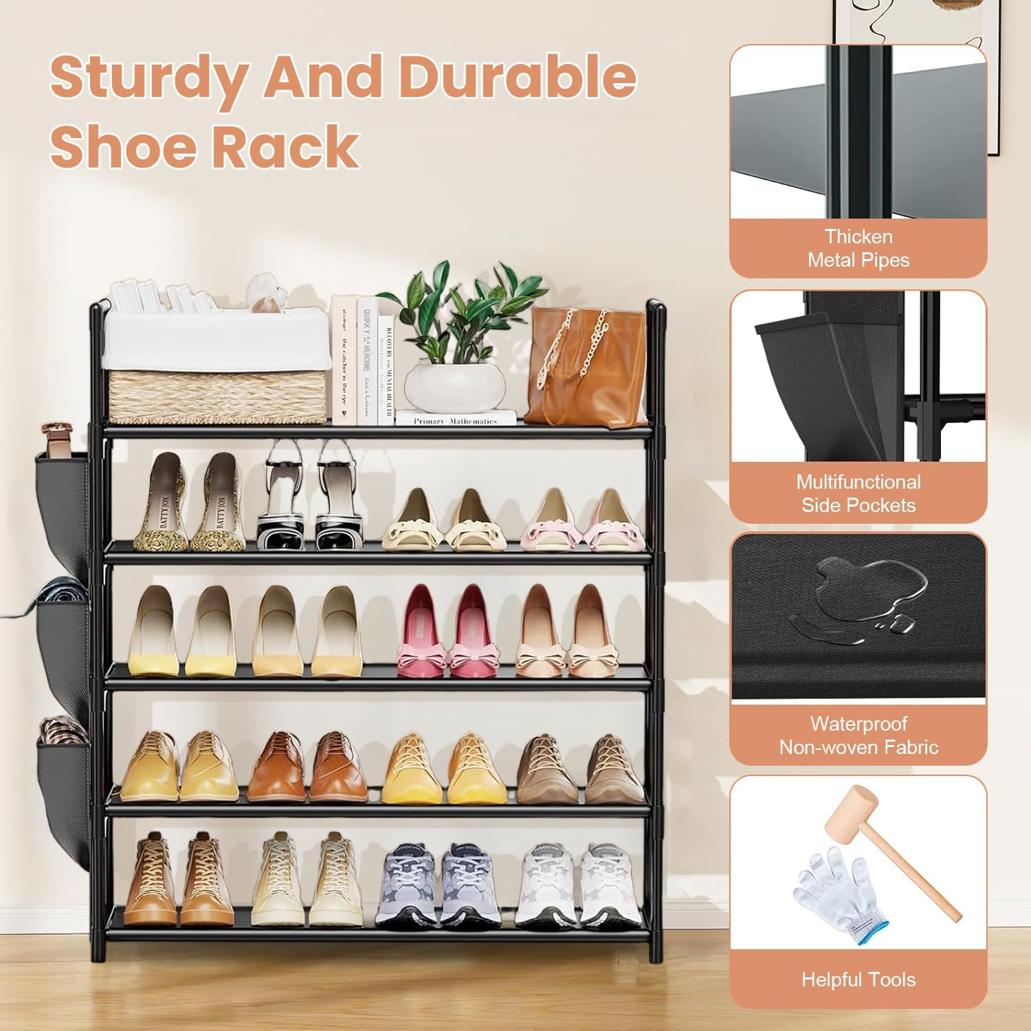 Shoe Rack 5 Tier Shoe Organizer Shoe Storage 20-25 Pairs Shoe Rack Organiser for Closet Shoe Holder Entryway Shoe Shelf Space Saving Large Shoe Tower Bedroom Garage Door image number 5