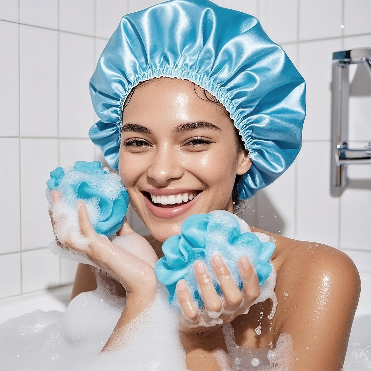 Weidllys Bath Shower Caps for Women Reusable Waterproof, 4 PCS Double Layers Shower Hair Cap, Elastic and Reusable Hair Cap, Environmental Protection Bathing Hat for Women image number 2