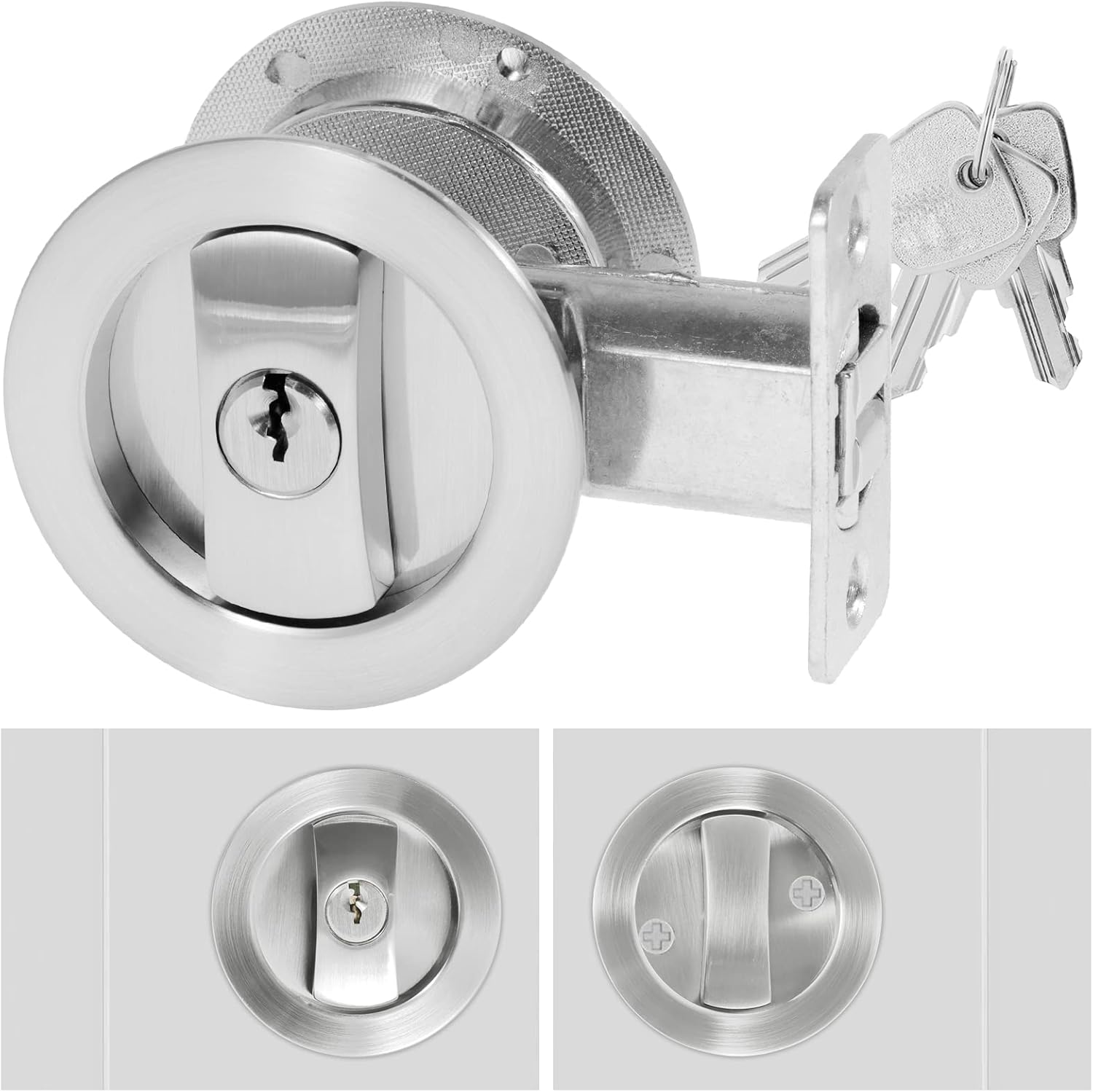 Bed/Bath Pocket Door Lock and Pull round Privacy Door Lock with Key Recessed 2 Sided Invisible Sliding Door Locks Hardware for 1 3/8 Inch to 1 15/16 Inch Thickness Door (Black)