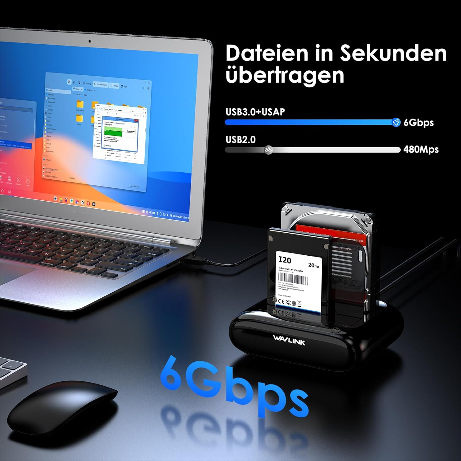 WAVLINK Dual Bay Hard Drive Docking Station - USB 3.0 to SATA I/II/III for 2.5" & 3.5" HDD/SSD with Fixed Bezel, Supports Offline Clone/Duplicator Function, Supports 2X20Tb with UASP 6Gbps - Black image number 5