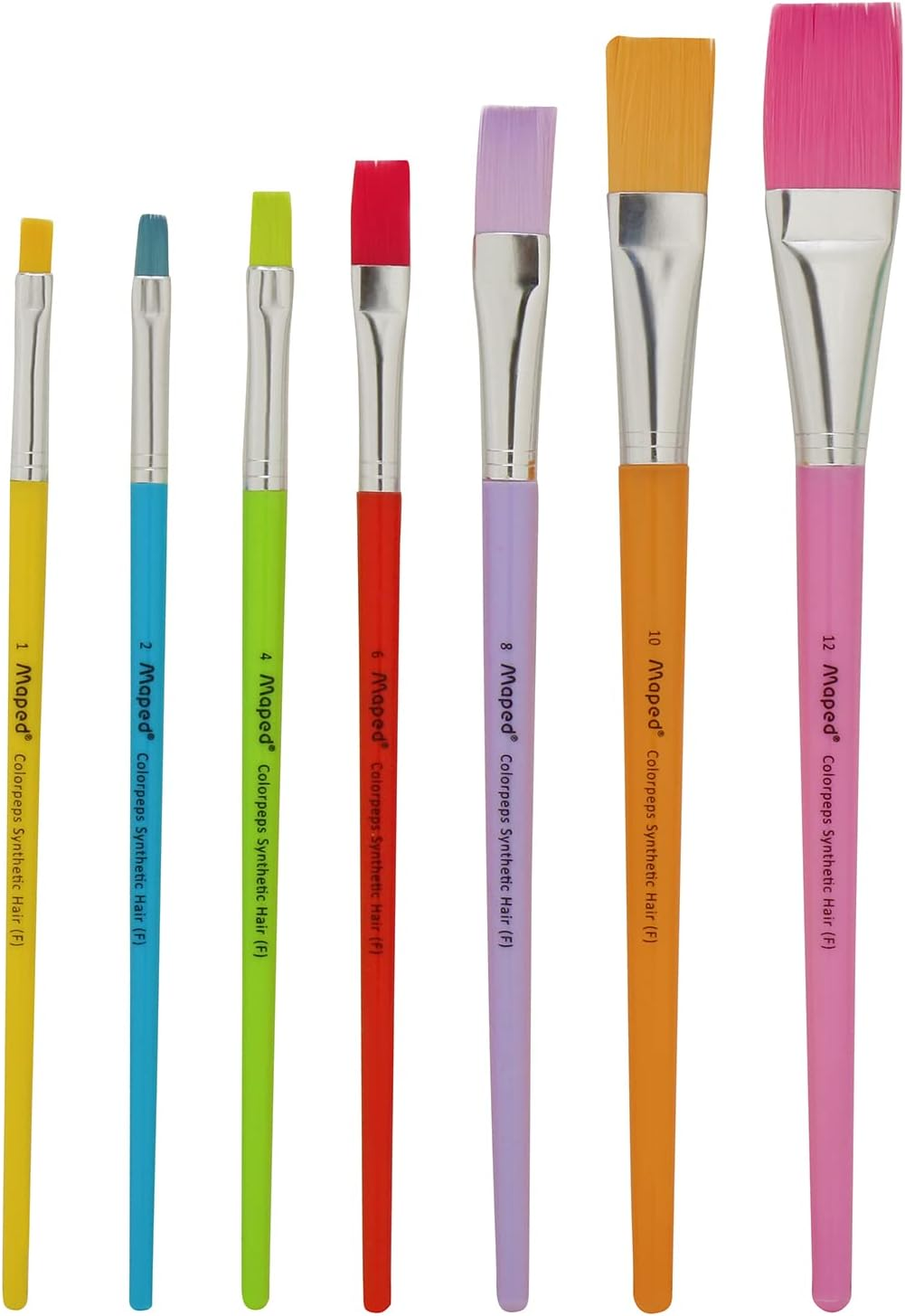 MAPED Color'Peps Synthetic Flat Brushes Set - Pack of 7, Multicolour (Model Number: 867701)