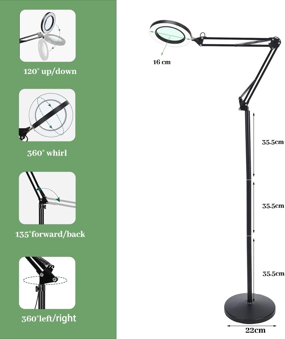 10X Magnifying Glass with Light and Stand, 3-In-1 Adjustable Swing Arm Magnifying Floor Lamp, Adjustable Color Temperature & Dimmable Lighted Magnifier Lamp with Clamp for Reading,Close Work image number 1