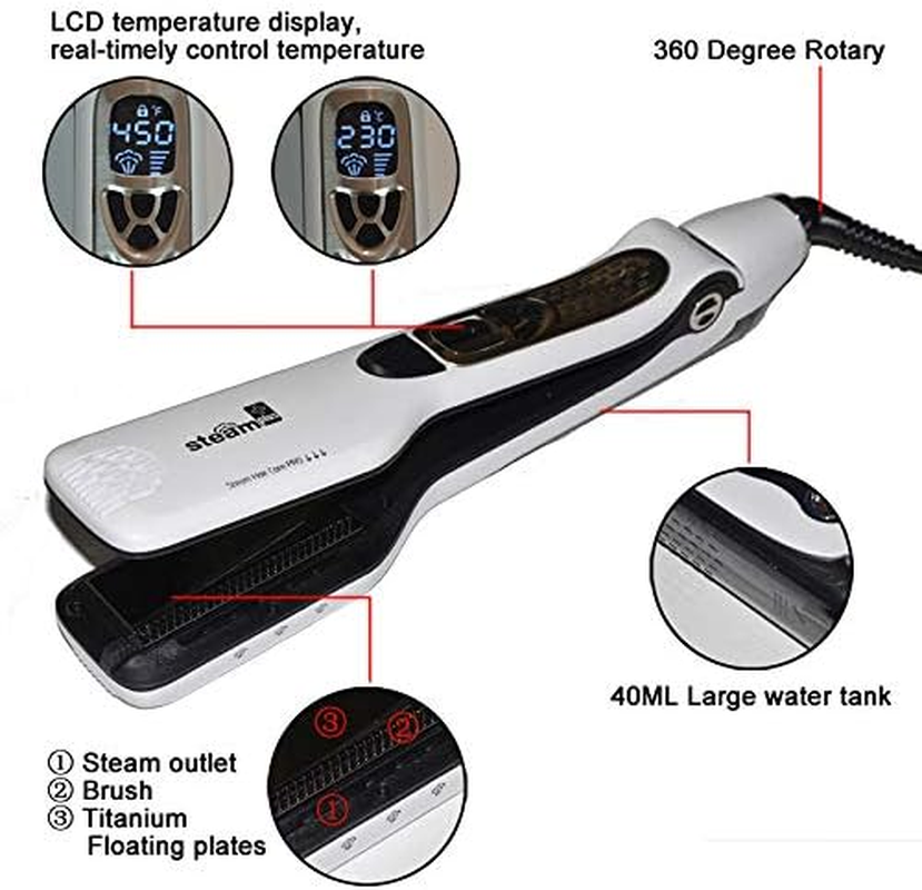 Steam Hair Straightener, Salon Professional Nano Titanium Ceramic Steam Flat Iron Hair Styler with Removable Teeth Comb + Digital LCD + 5 Level Adjustable Temperature + Auto Temperature Lock (White) image number 1