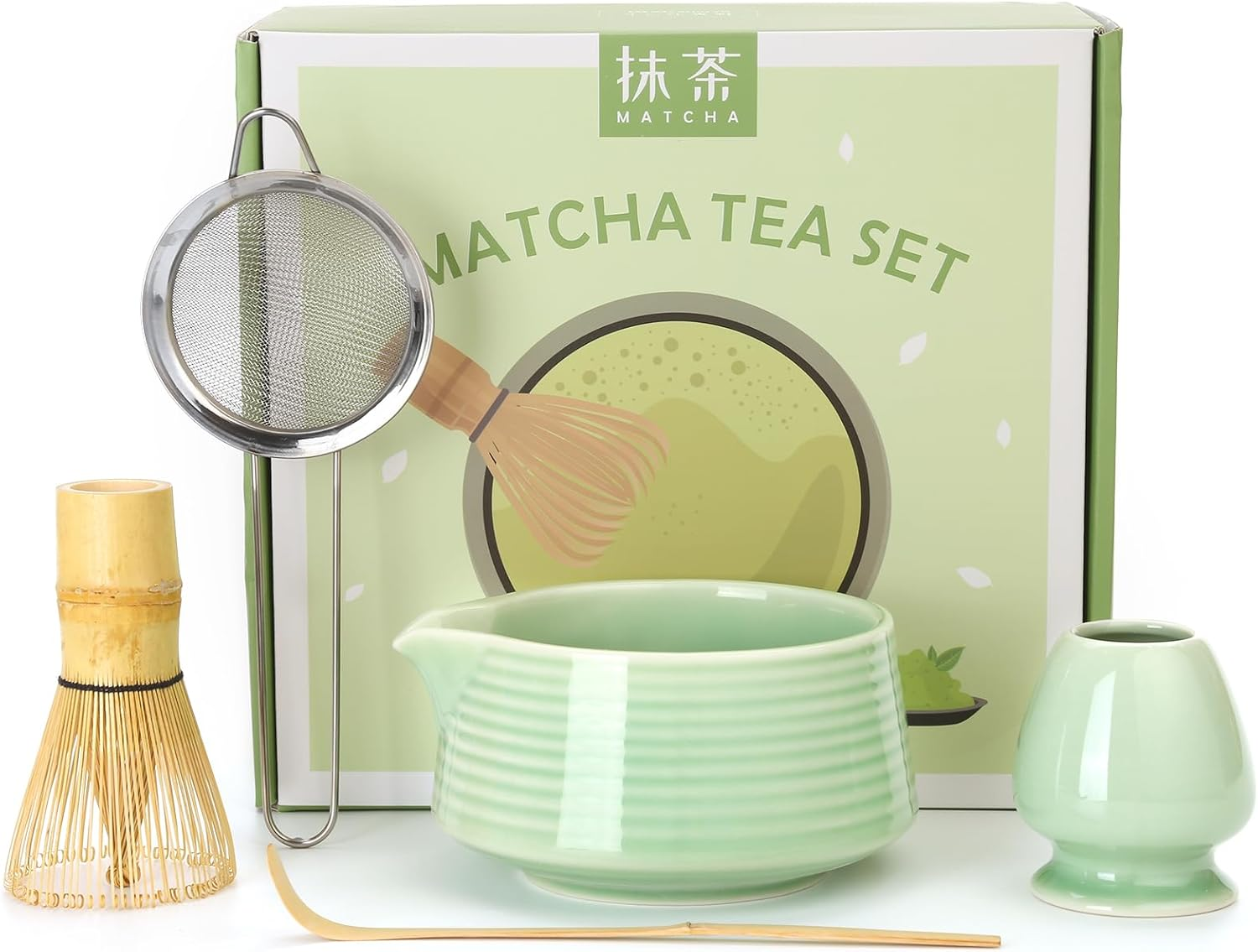 Matcha Whisk Set, Matcha Bowl with Spout, Matcha Whisk and Holder, Bamboo Matcha Scoop and Stainless Sifter - 5 Pcs Jade Green Matcha Kit for Matcha Lover