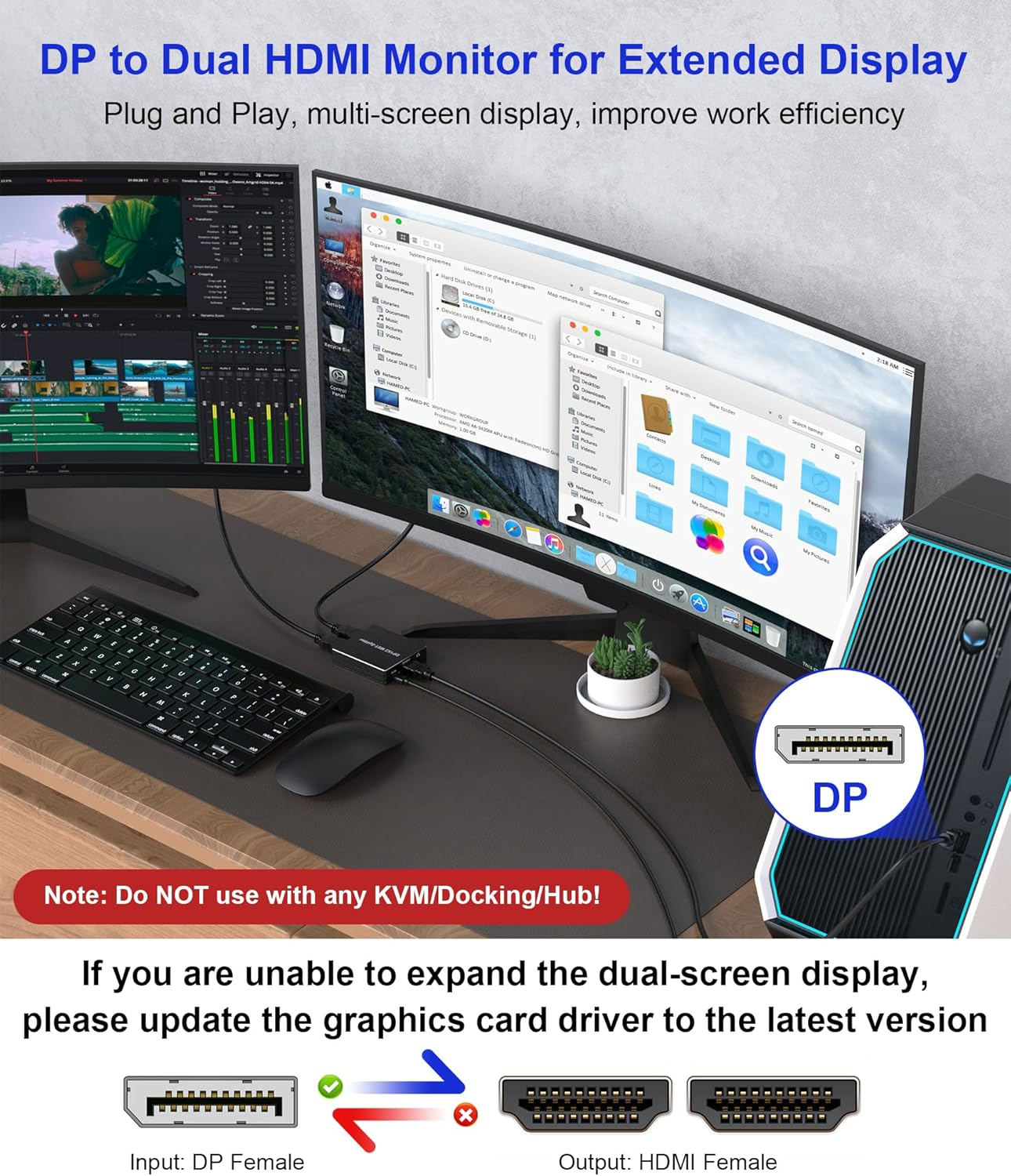 4K Displayport to 2 HDMI Splitter 1 in 2 Out for Dual Monitors Extended Display - 4K@60Hz DP to Dual HDMI Splitter 1X2 Support Extend & Mirror Display for Desktop, Laptop, NVIDIA, AMD Graphics Card image number 6