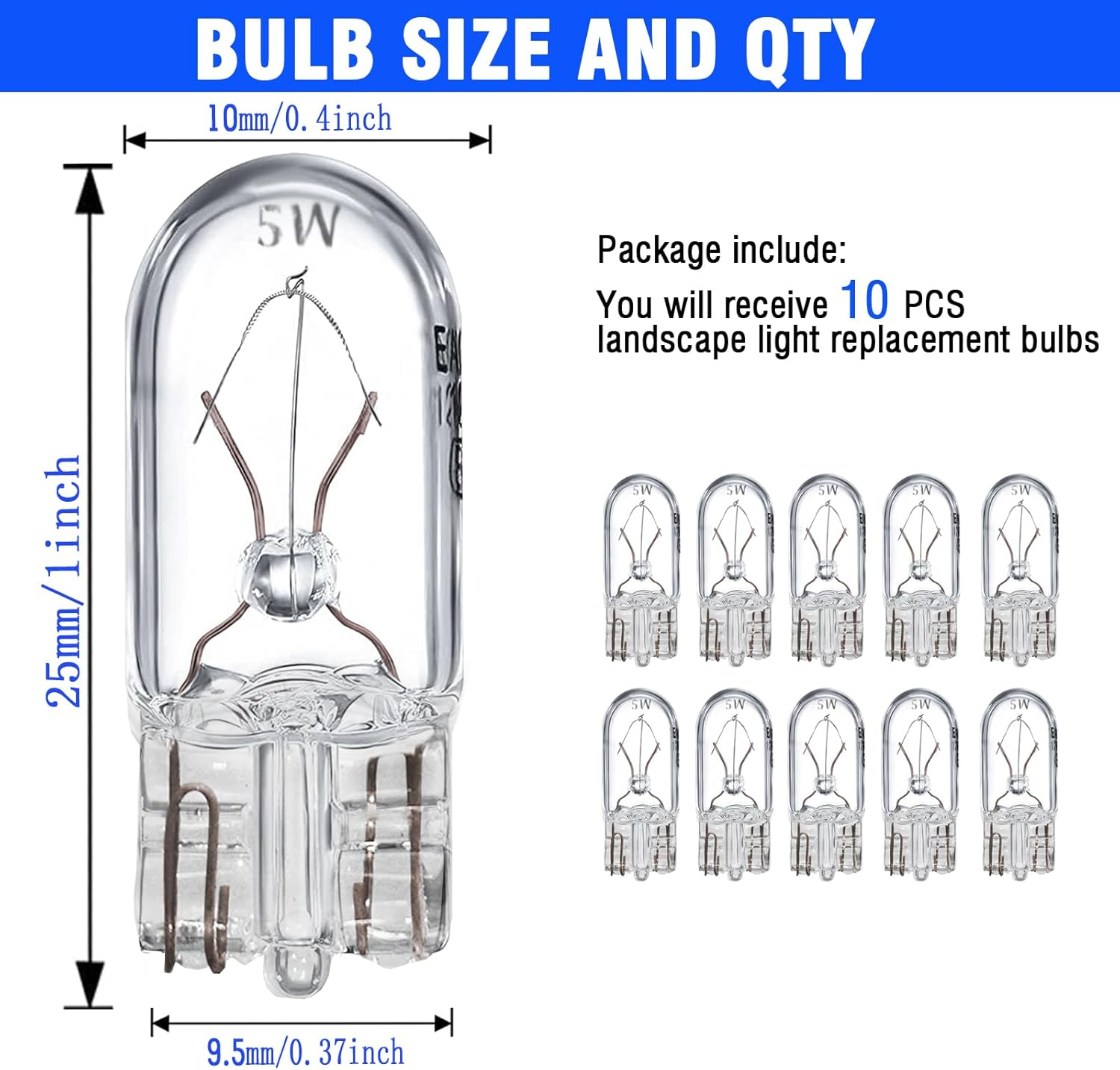 Kitnish Landscape Bulb，5W 12V T10 Wedge Led Base Light Bulbs,Low Voltage Landscape Light Bulbs for Garden Light Bulbs/Deck Light Bulbs/Yard Light Bulbs/Malibu Bulbs，Incandescent Bulb 10Pcs image number 1