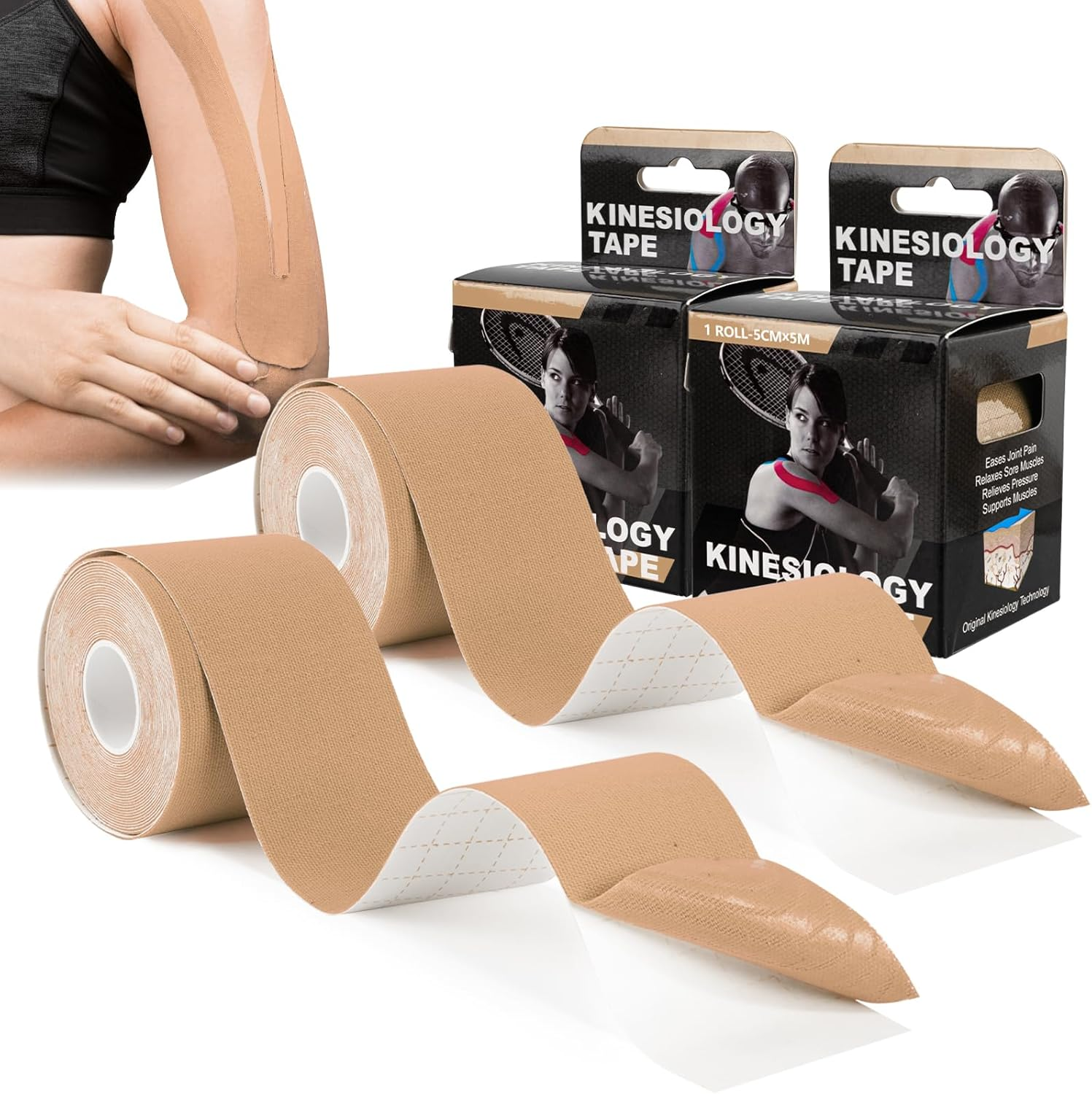 2 Rolls Kinesiology Tape for Knees, 2In&times;16.4Ft Roll Athletic Tape for Elastic Muscle Support, Waterproof Physio Tape for Relieve Muscle Soreness and Injury for Shoulder, Ankle, Face Tape, Skin,Beige