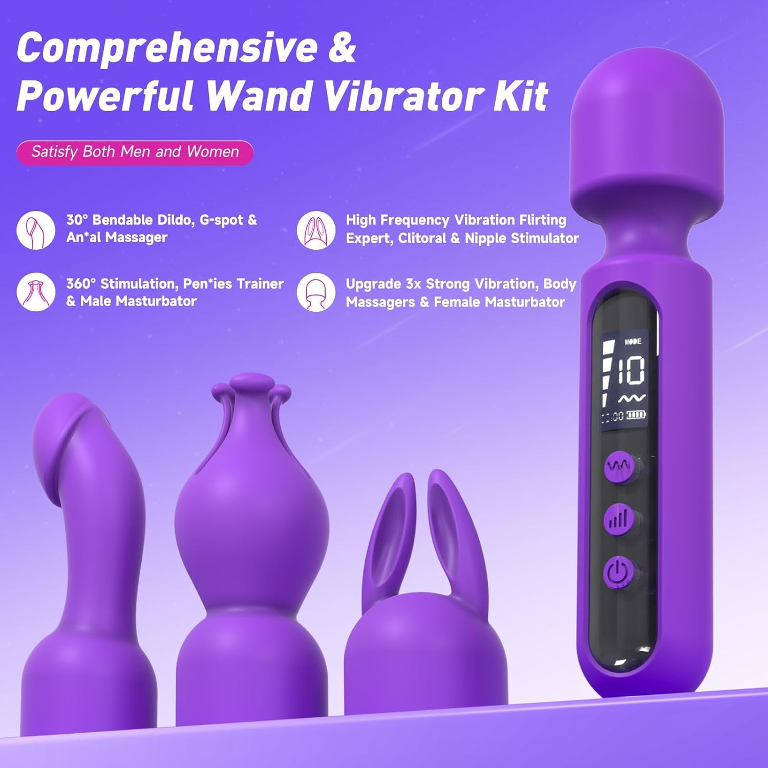 Funflick Wand Vibrator Sex Toys for Women, Multifunctional Couple Adult Toys with 3 Attachments for Clit, G Spot, Glans, Nipple, Clitoral Stimulator Vibrating Dildo with LCD Display, 10 Patterns 4 Speeds for Sexual Pleasure, Silent Magic Vibrators Flexible Massager with 40 Vibrating Modes Sexual Wellness Products