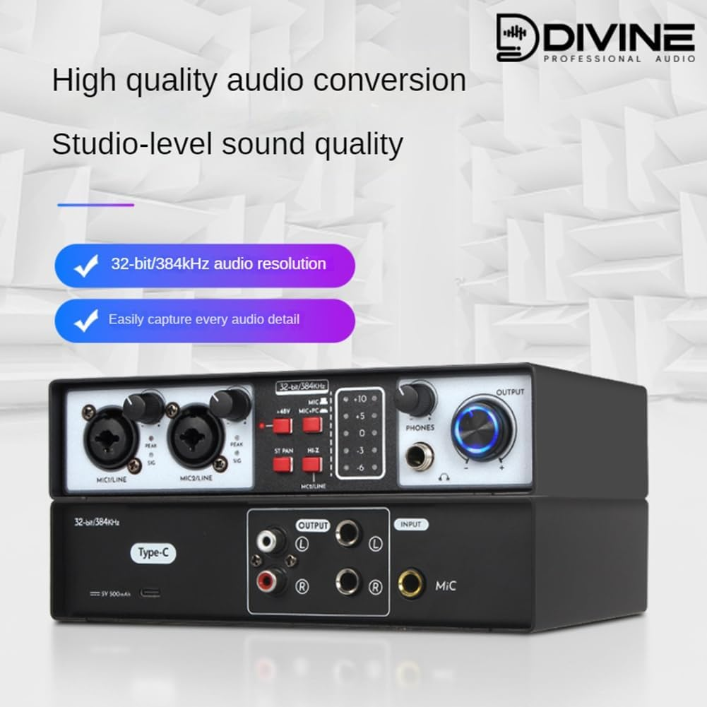 Elqater 2 in 2 Out USB Audio Interface 32Bit/384Khz Studio Parts Recording Sound Card 48V Phantom image number 6