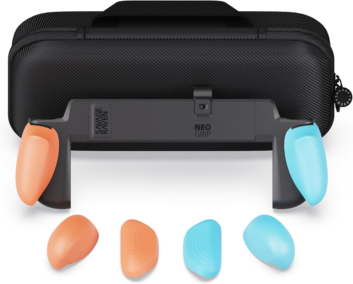 Savage Raven by Skull & Co. Neogrip Bundle for Nintendo Switch 2: an Ergonomic Grip Hard Shell Handheld Case with Replaceable Grips [To Fit All Hands Sizes] [With Carrying Case] - Neon Blue + Neon Red