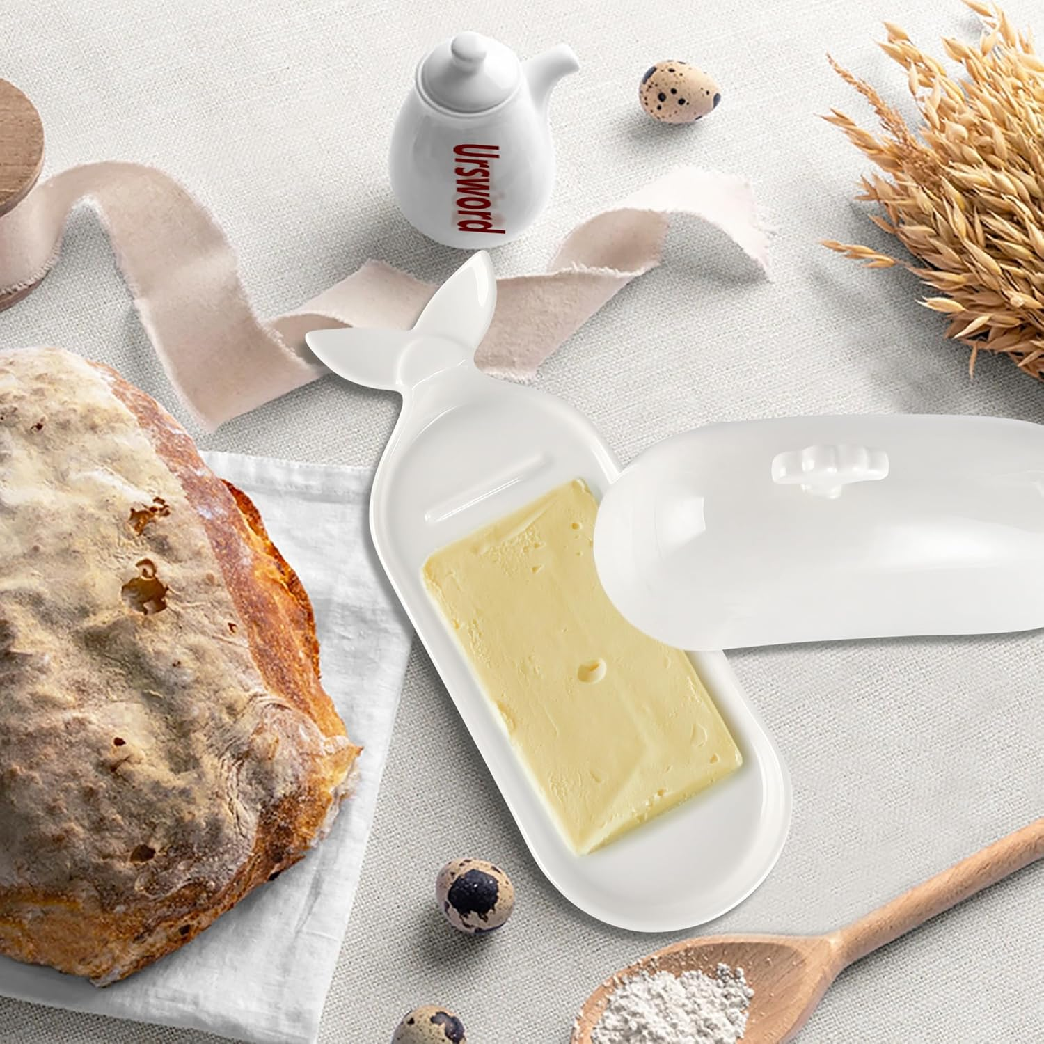 White Ceramic Butter Dish with Cover, Fit Both Western Stubbies and Elgin Butter Sizes Alike, Ideal to Savour Relaxed Meal with Family and Friends image number 5