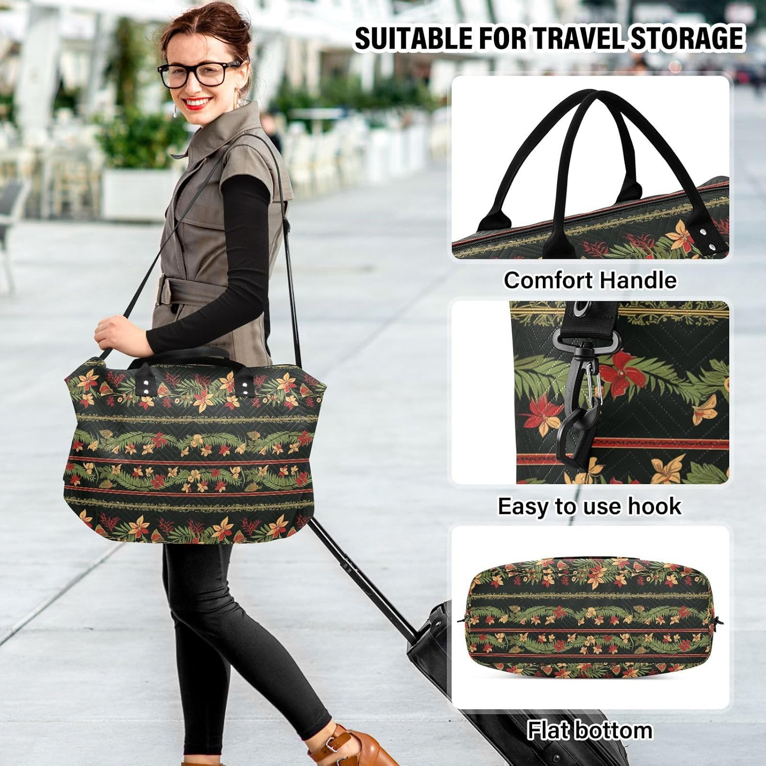 Oversized Travel Duffel Bag Travel Weekender Gear Bag Gym Carry on Duffel Bags with Toiletry Bag for Trekking 2 Pcs Set, Tropical Style Flower Yellow Red and Green image number 1