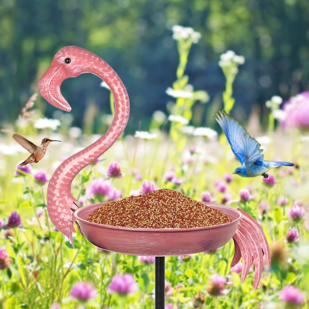 Pink Flamingo Bird Baths for Outdor, 12 Dia Metal Bird Bath Bowl with 5 Prongs Ground Stake, Rustproof Birdbaths for Garden, Yards Lawn Patio, Bird Lovers Gift image number 1