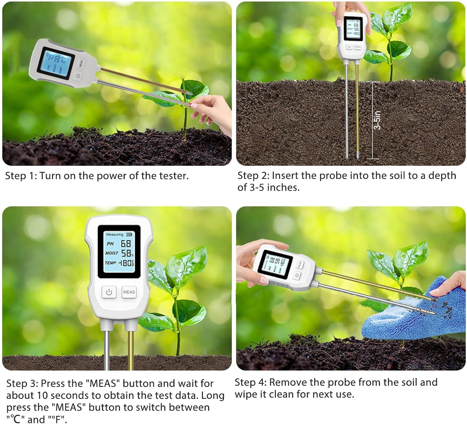 Soil Moisture Sensor Meter, 3 to 9 Soil PH Tester, 0% to 90% Moisture Range Dual Probe Soil Moisture EC Tester with Digital Display, for Gardening Farming image number 2