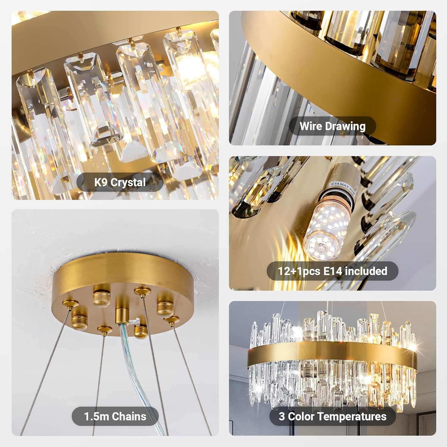 USOR Modern Crystal Chandelier, 12 Lights Gold Pendant Light D60Cm Contemporary round Ring K9 Crystal Ceiling Light Fixture for Dining Living Room Kitchen Island 3 Color Temperature Bulbs Included image number 4