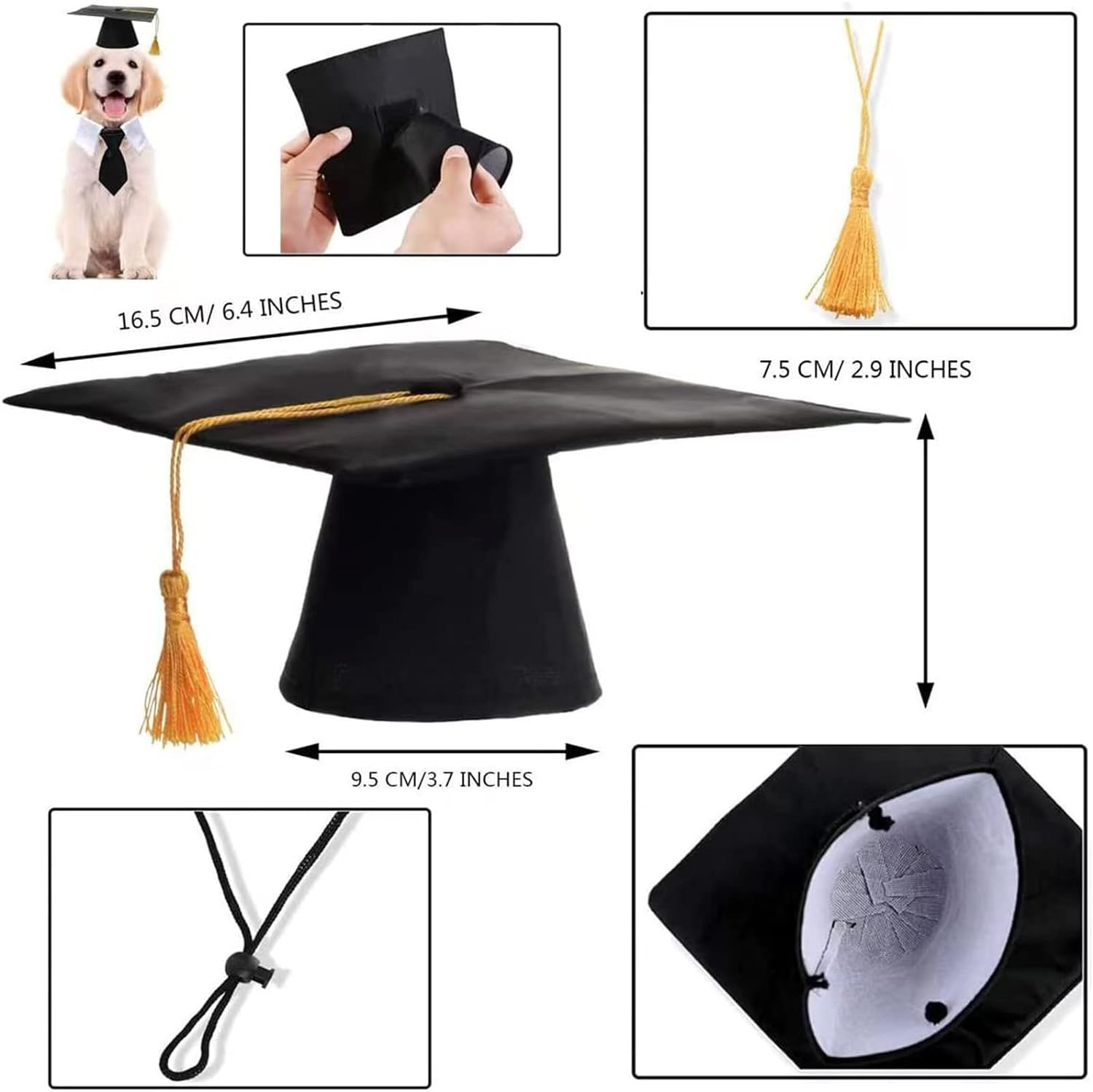 Graduation Hat for Dogs & Cats - Pet Doctor Cap with Yellow Tassel - Funny Headwear for Party & Cosplay (Black) image number 4