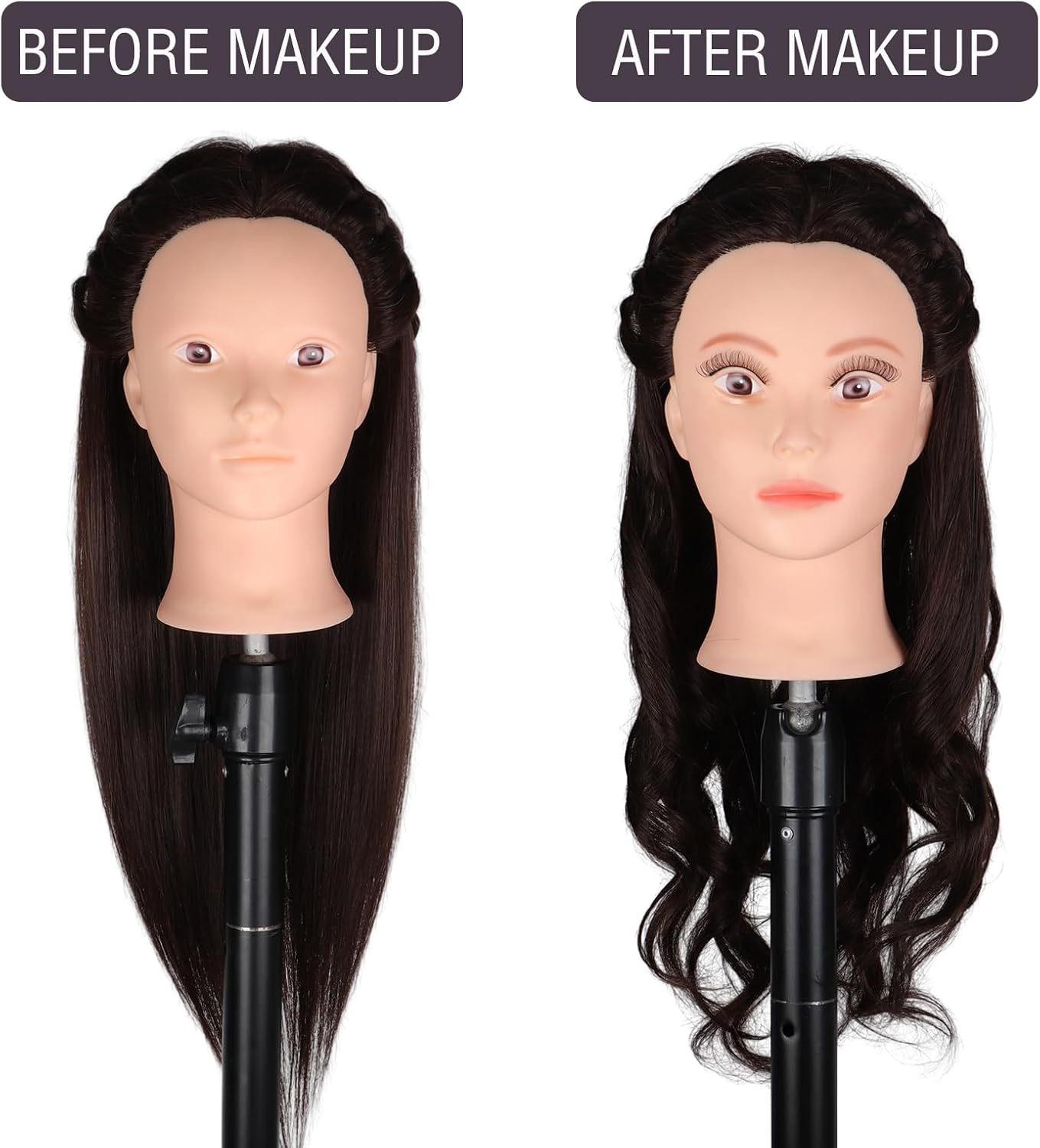 Hair Styling Training Head, 23" Dark Brown Cosmetology Mannequin Head Hairdressing Manikin Doll Head with Clamp & Styling Tools (Brown without Makeup) - Brown image number 7