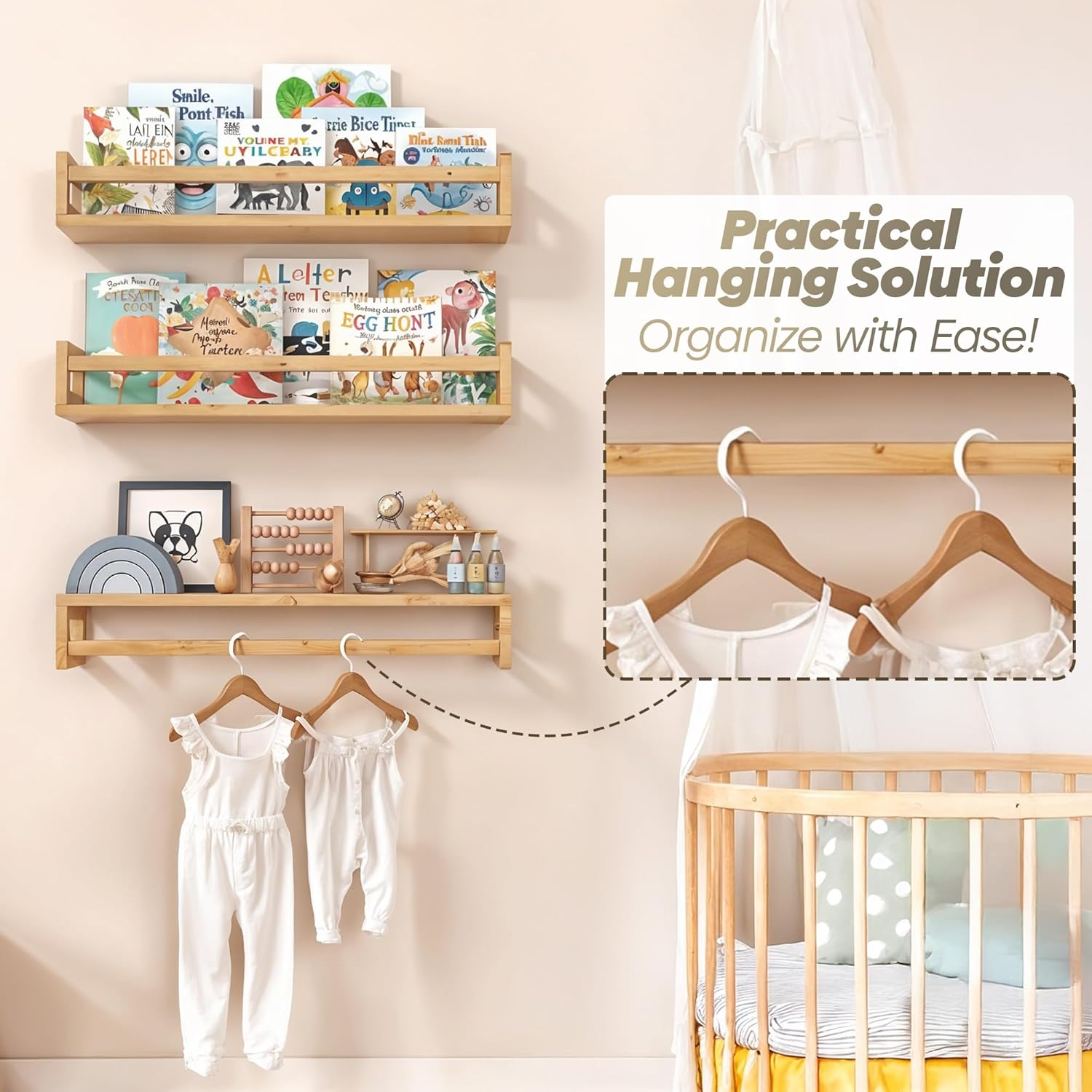 Floating Nursery Kids Book Shelves for Wall Set of 4, Wall Mounted Natural Solid Wood Furniture Bookcase Decor Storage Organizer Shelf for Bedroom Kitchen Bathroom Living Room (4, Natural) - 4, Natural image number 2