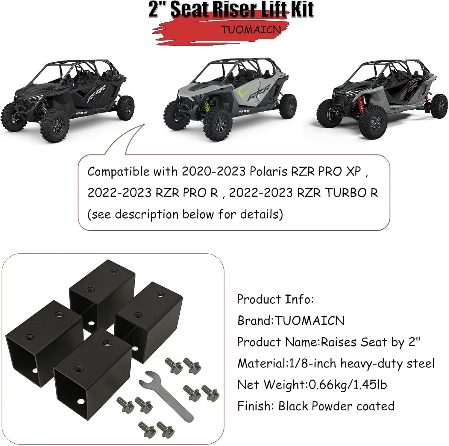 2" Seat Riser Lift Kit,Raises Seat by 2" (4 Pcs),Compatible with 2020-2023 Polaris RZR PRO XP /2022-2023 RZR PRO R /2022-2023 RZR TURBO R image number 3