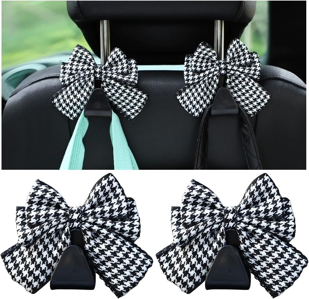 Mandark 2PCS Car Seat Headrest Hooks, Cute Bow Vehicle Hooks for Purses and Bags, Automotive Purse Hook Hanger Interior Decoration Accessories, Universal for SUV, Sedan, Truck (Black Line)