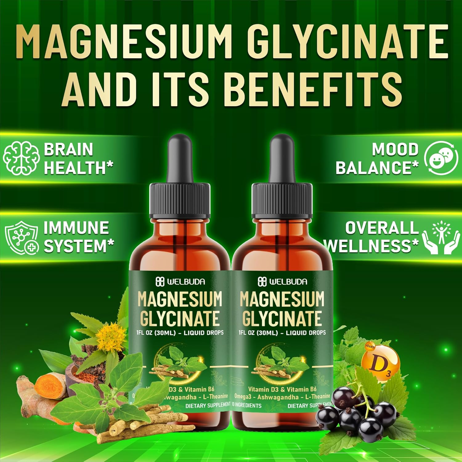 10In1 Magnesium Glycinate Liquid Drop with Omega-3, Vitamin D3, Vitamin B6, Ashwagandha, L-Theanine, Turmeric, Rhodiola Rosea, Elderberry, Lemon Balm - 1 FL Oz - 30 Days Supply image number 4