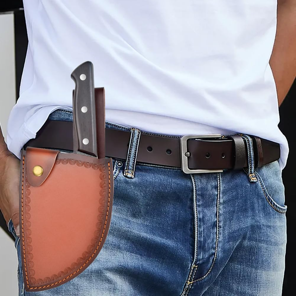 Serbian Chefs Knife 6.7 Inch Full Tang,Forging Kitchen Knives,Wood Handle Set with Leather Sheath Chef Butcher Knife Outdoor Meat Vegetable Cleaver for Family, BBQ or Camping