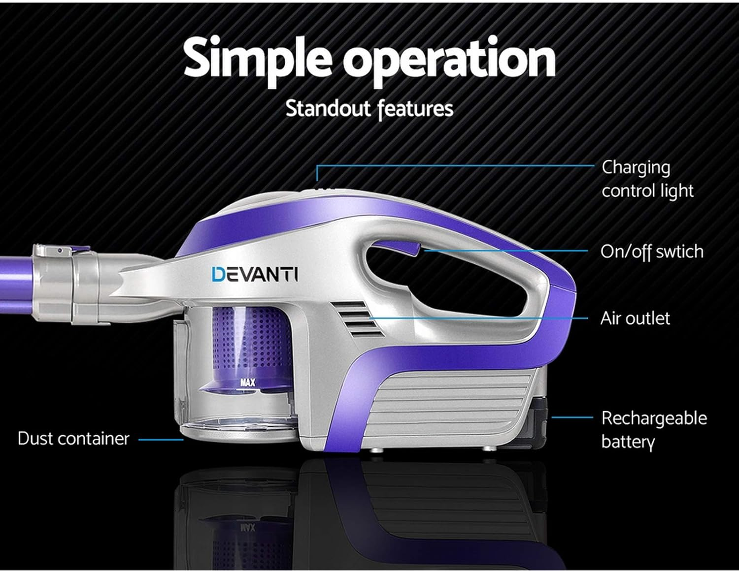 Devanti Cordless Vacuum Cleaner, Stick Vacuum Strong Suction Handheld Hand Held Handstick Bagless Recharge Vac 150W Compact Dustbuster Sweeper Dust Buster Portable for Home Car Stairs, Purple image number 3