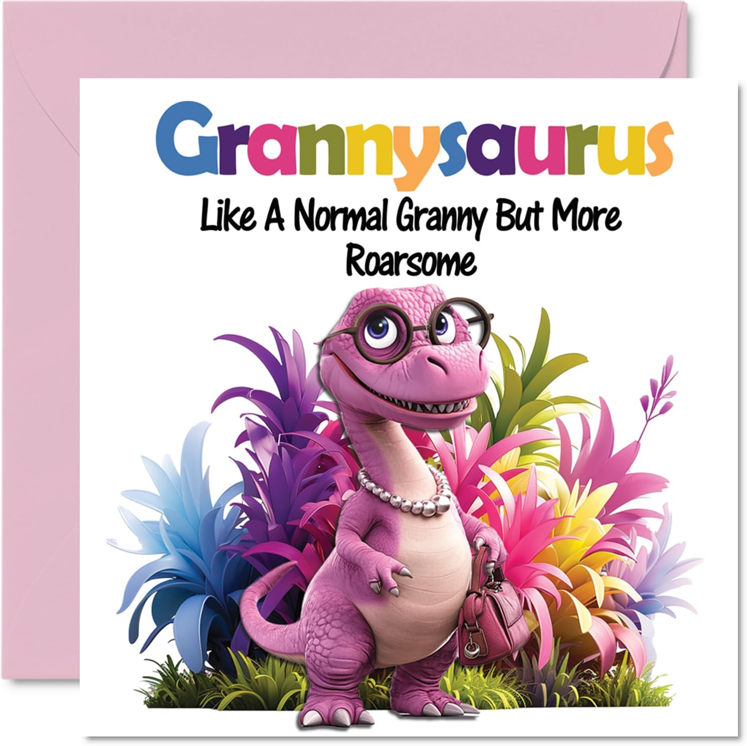 Granny Birthday Card - Roarsome Grannysaurus - Happy Birthday Card for Granny Gran from Grandson Granddaughter, 145Mm X 145Mm Dinosaur Bday Greeting Cards image number 3
