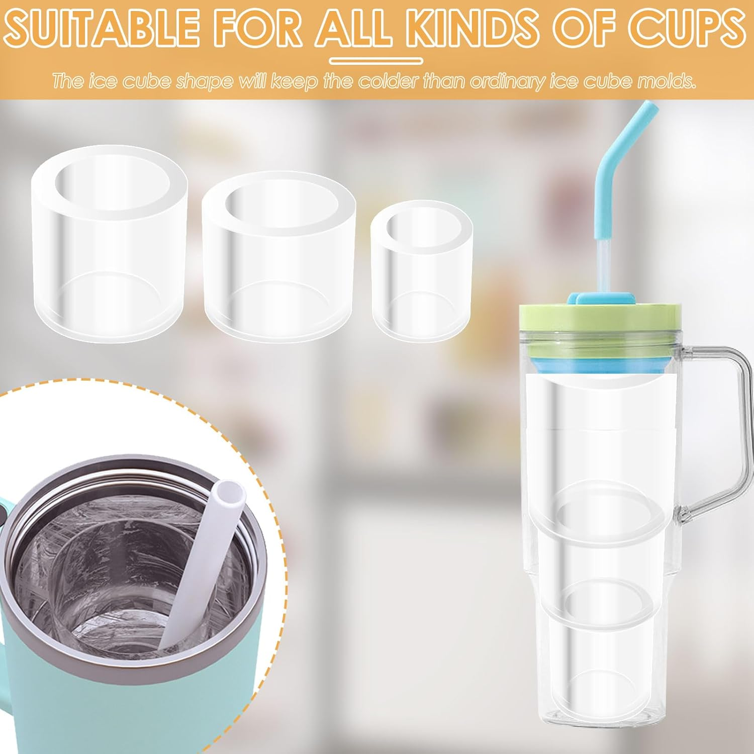 Ice Cube Tray for Stanley, 3 Hollow Cylinder Ice Cube Molds with Lid and Storage Box, Silicone Ice Cube Maker for 30-40 Oz Tumblers Cups, Easy to Release Ice Maker Cube Tray for Drinks (Orange) image number 1